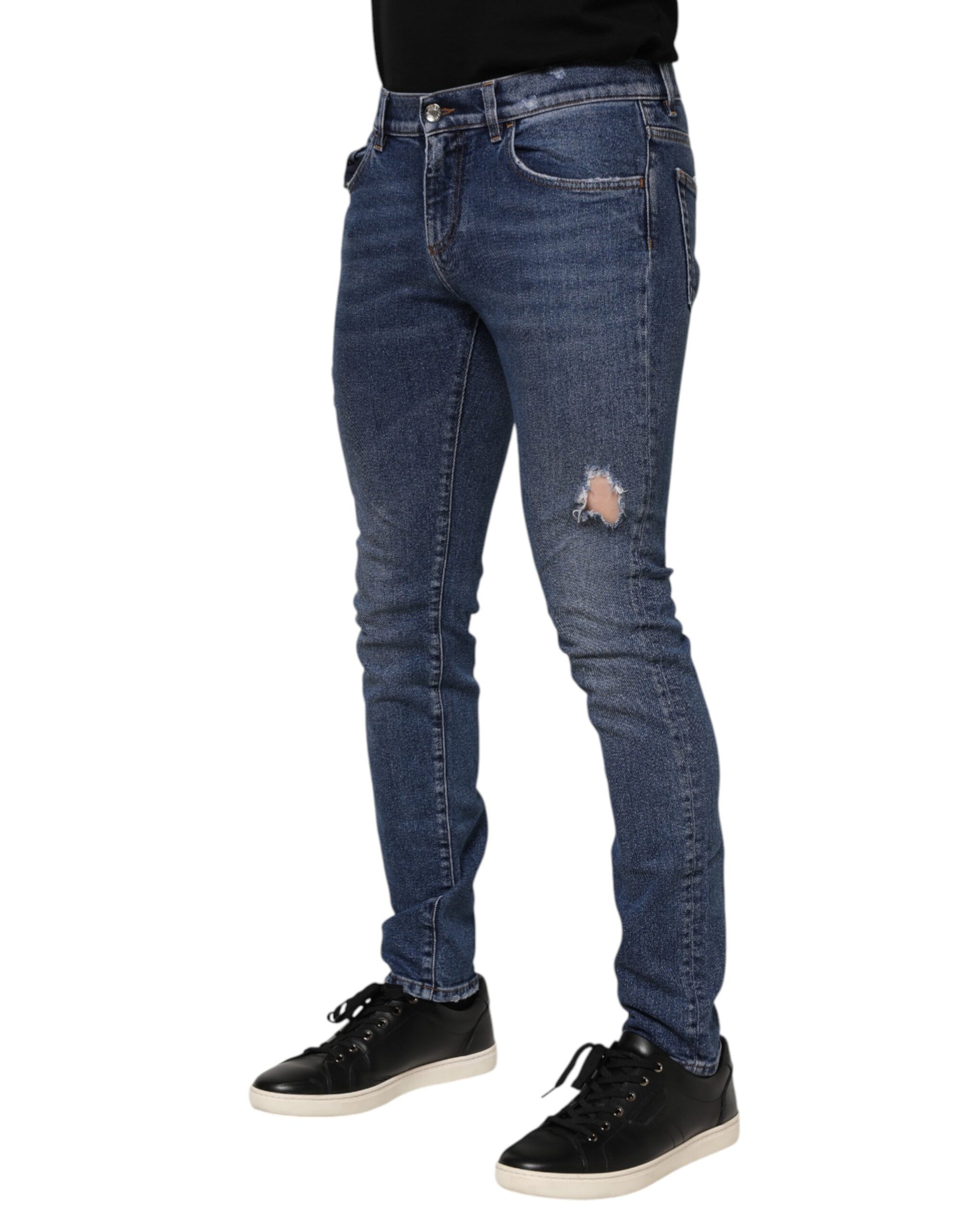 Dolce & Gabbana Blue Cotton Logo Plaque Skinny Men Denim Jeans Dolce & Gabbana