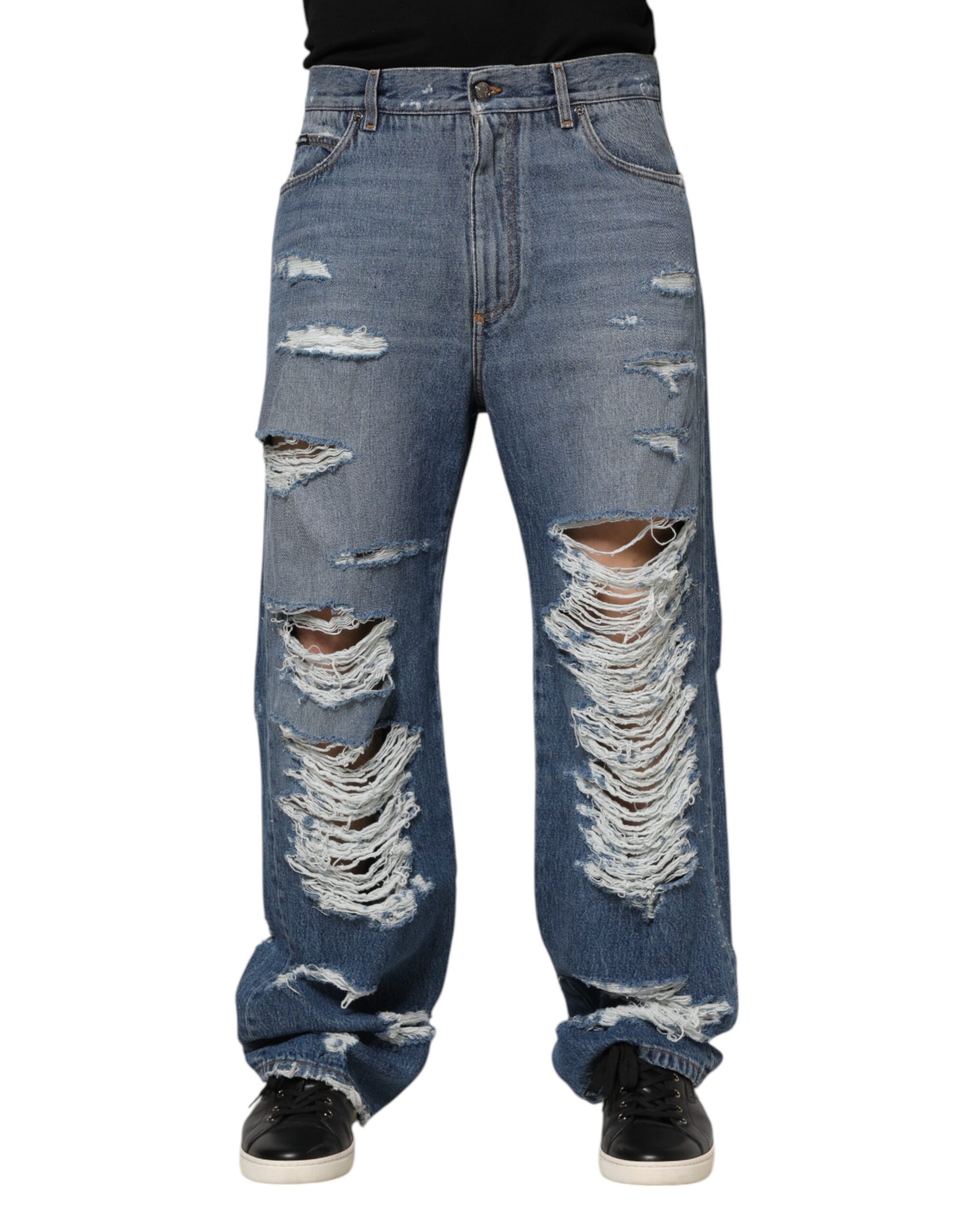 Dolce & Gabbana Blue Tattered Cotton Logo Plaque Denim Jeans Dolce & Gabbana