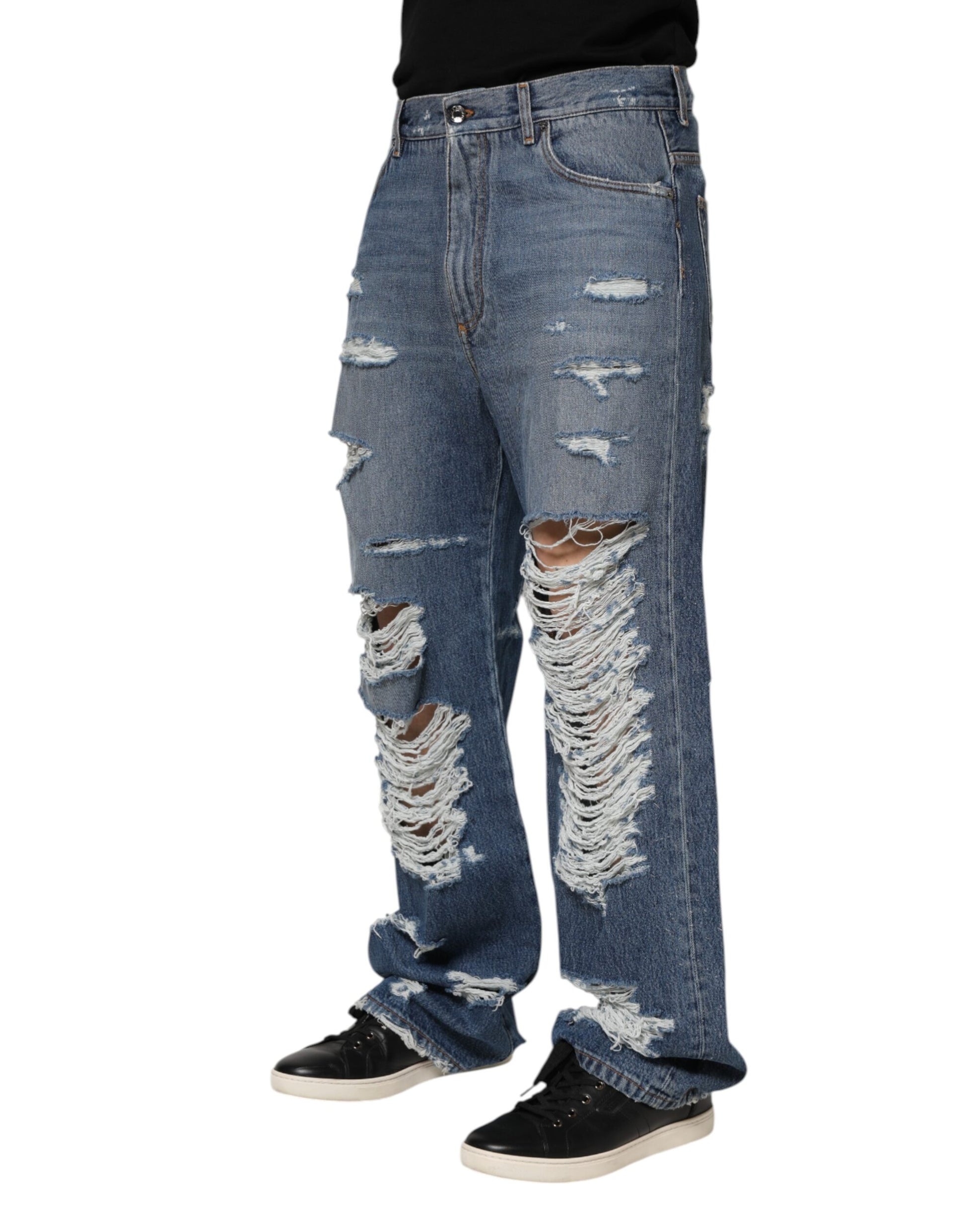Dolce & Gabbana Blue Tattered Cotton Logo Plaque Denim Jeans Dolce & Gabbana