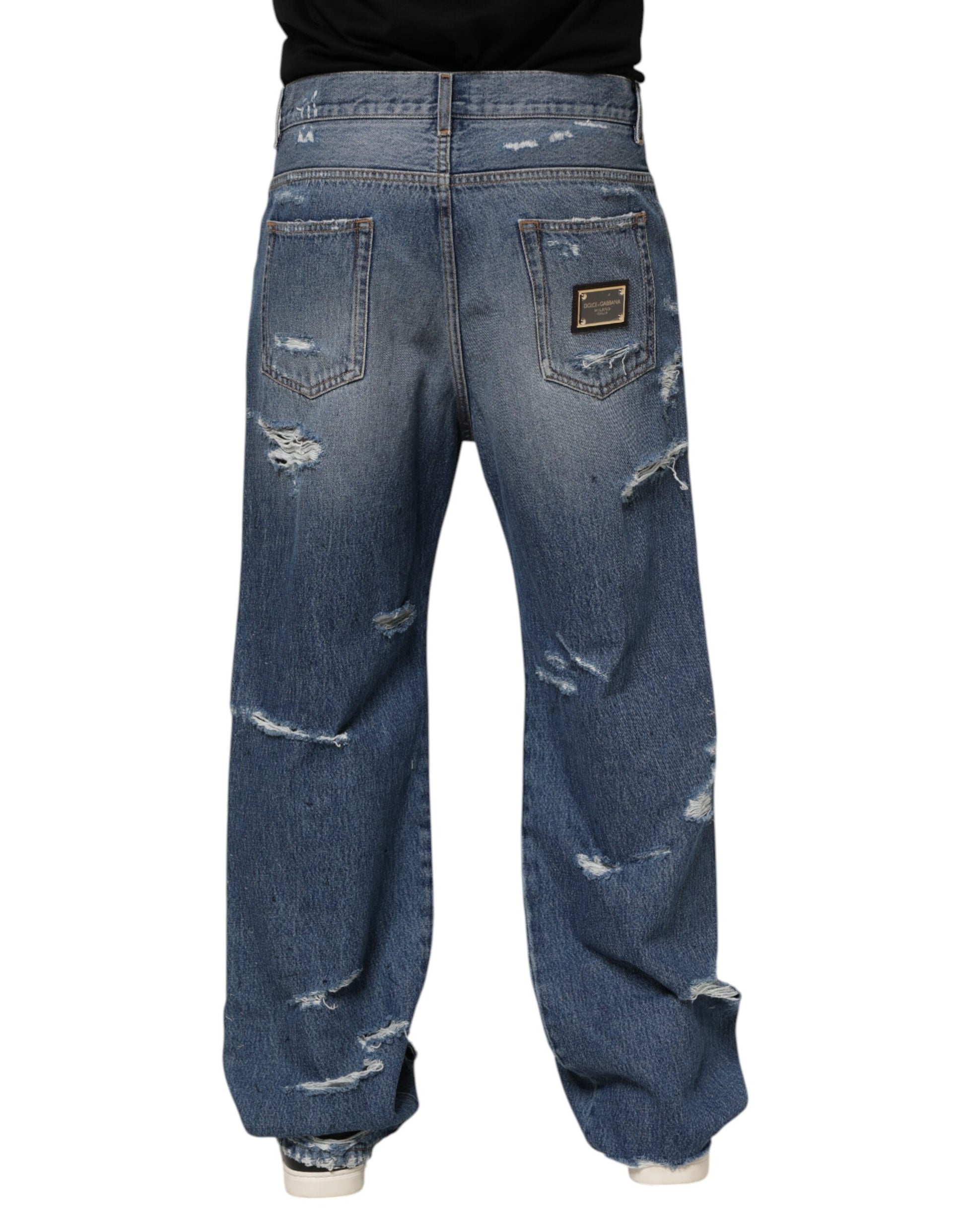 Dolce & Gabbana Blue Tattered Cotton Logo Plaque Denim Jeans Dolce & Gabbana