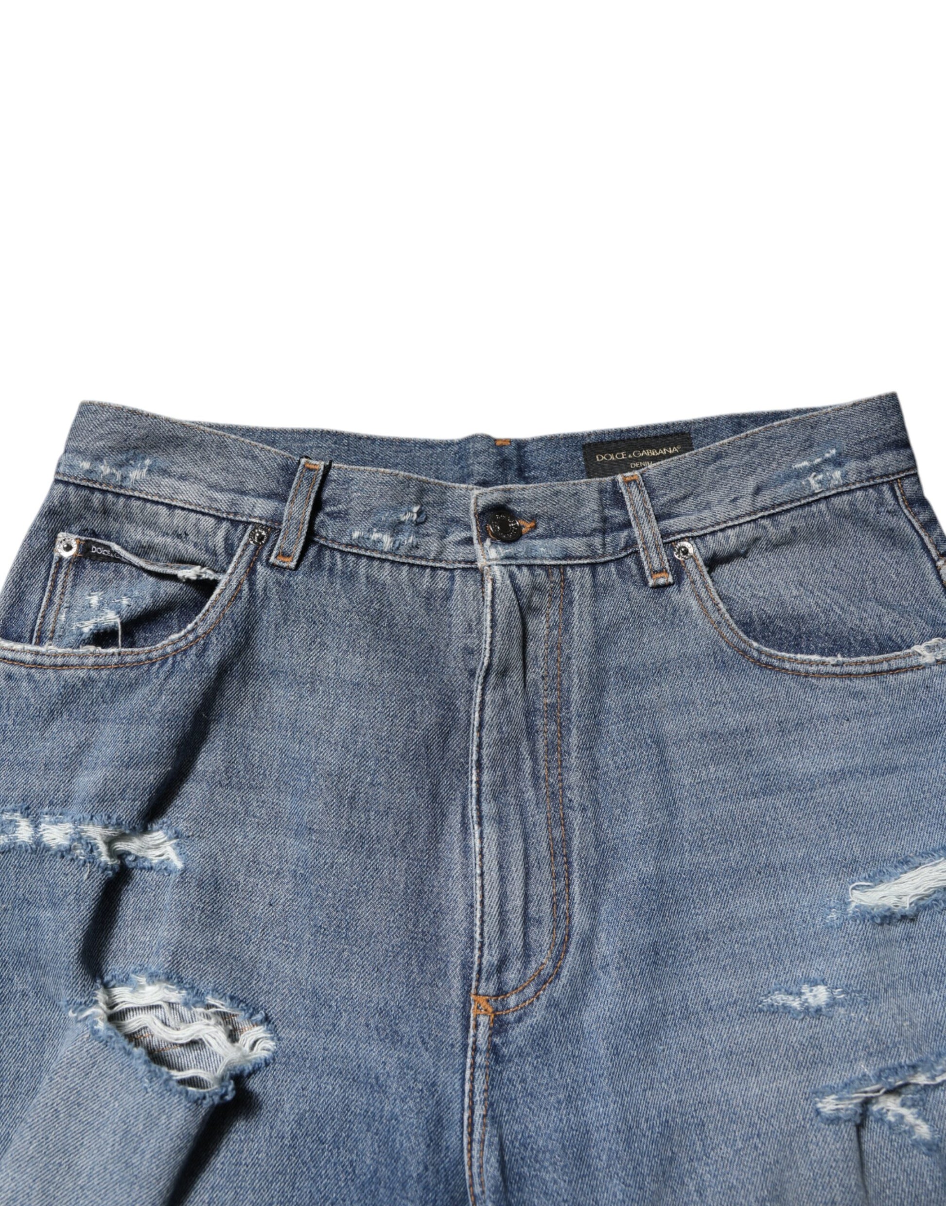 Dolce & Gabbana Blue Tattered Cotton Logo Plaque Denim Jeans Dolce & Gabbana