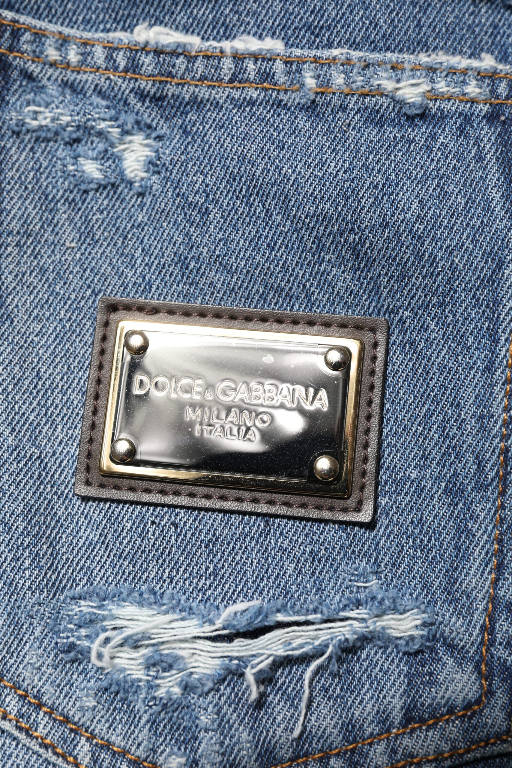 Dolce & Gabbana Blue Tattered Cotton Logo Plaque Denim Jeans Dolce & Gabbana