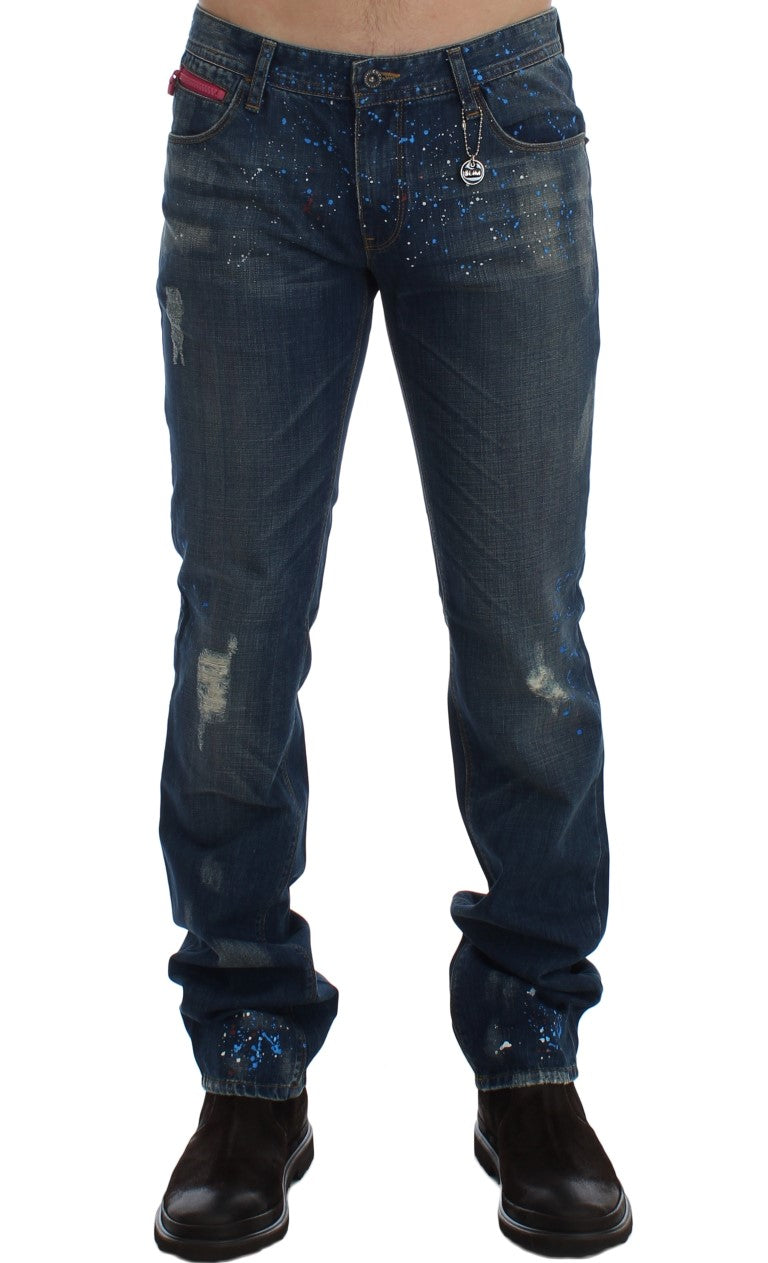 Costume National Blue Wash Paint Slim Fit Pants Jeans Costume National