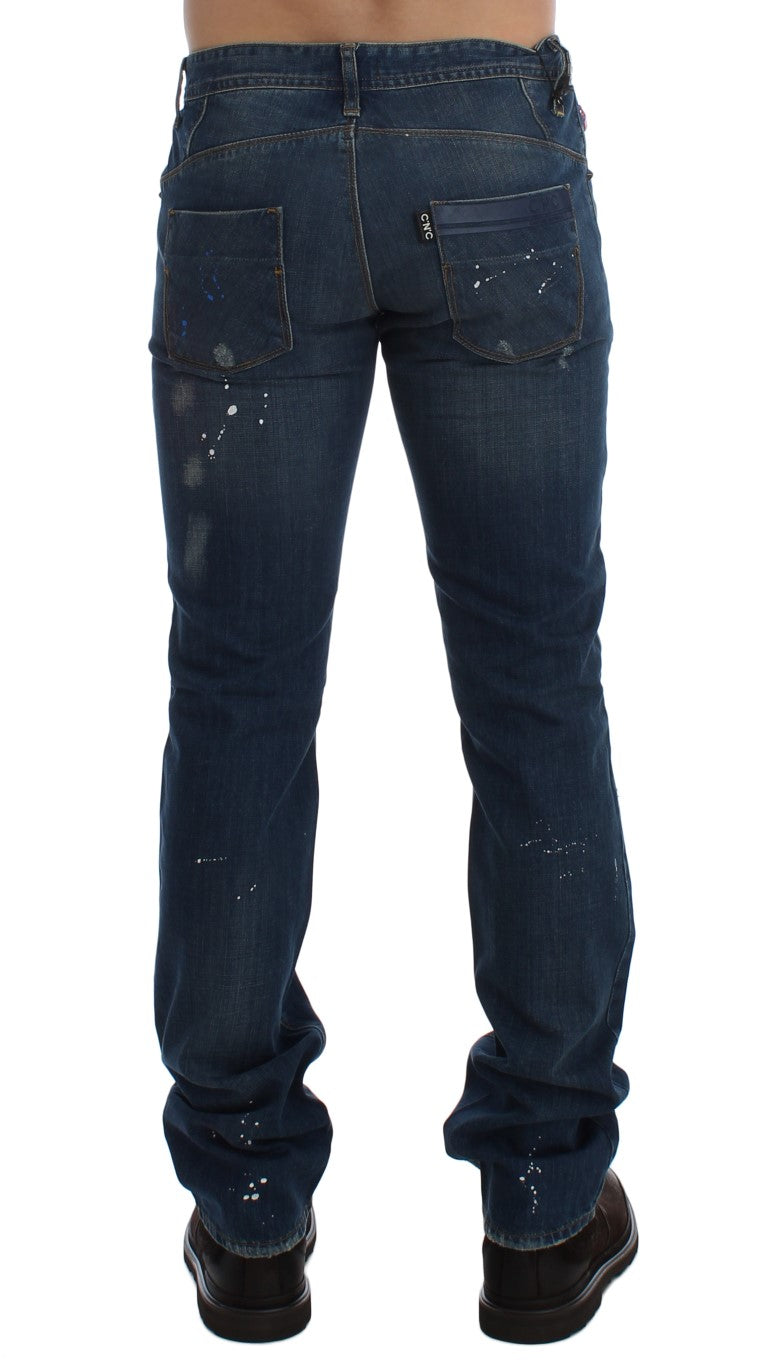 Costume National Blue Wash Paint Slim Fit Pants Jeans Costume National