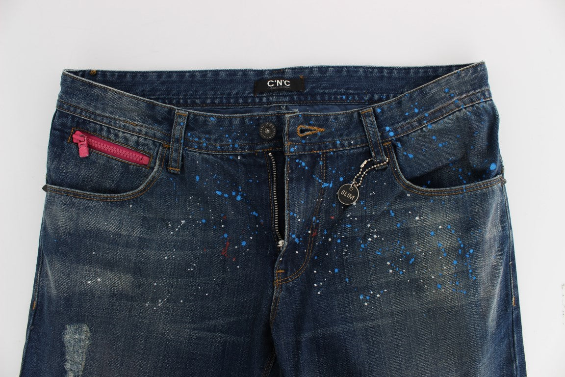 Costume National Blue Wash Paint Slim Fit Pants Jeans Costume National