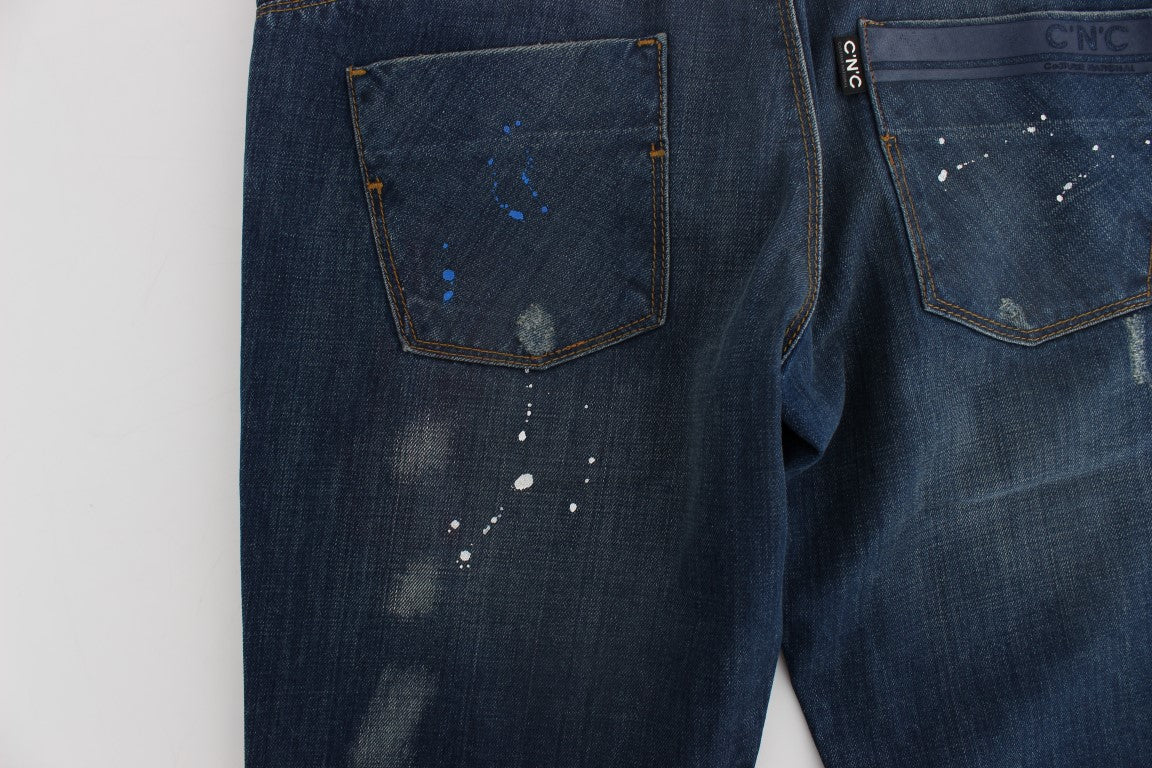 Costume National Blue Wash Paint Slim Fit Pants Jeans Costume National
