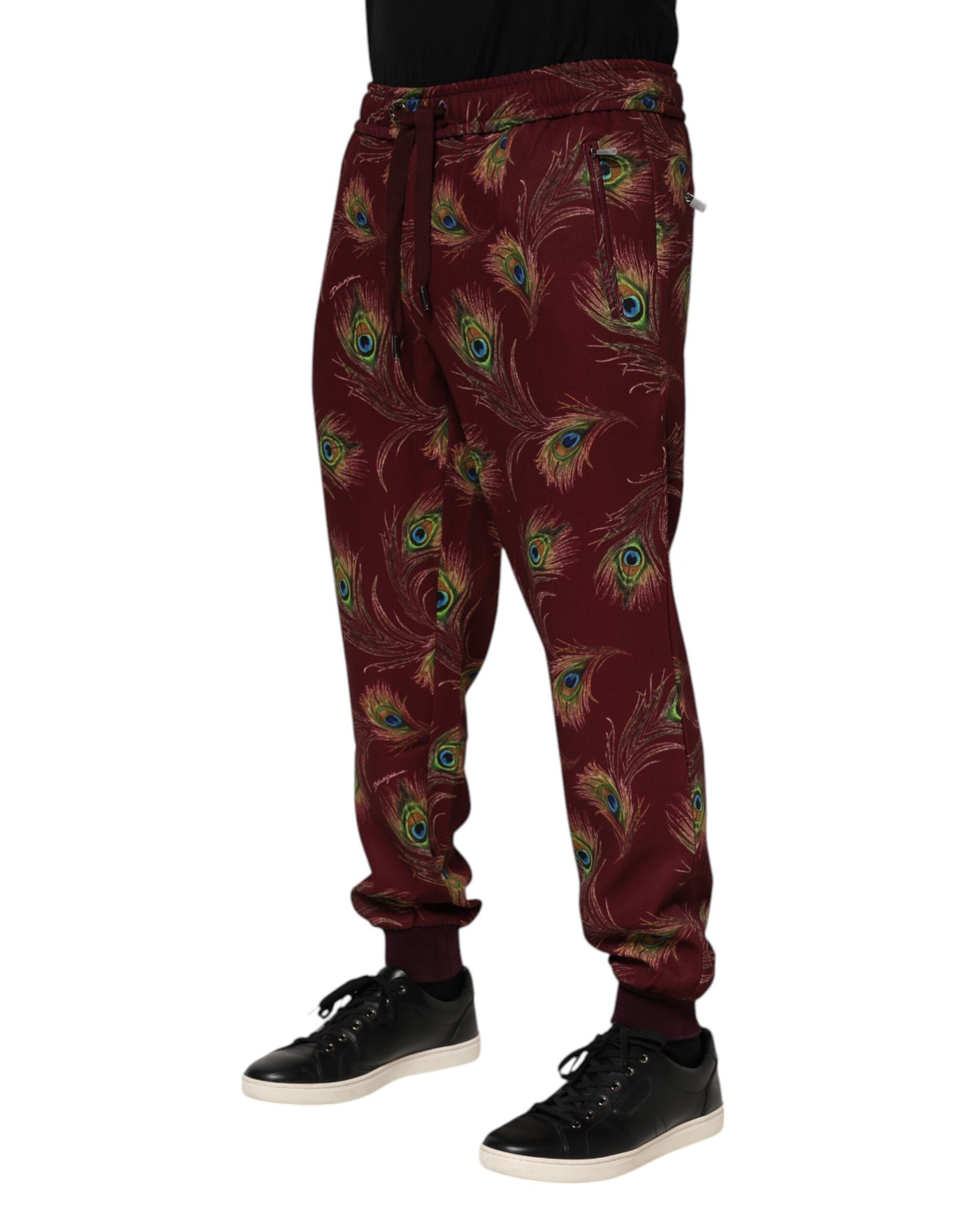 Dolce & Gabbana Burgundy Peacock Feather Print Jogger Pants Dolce & Gabbana