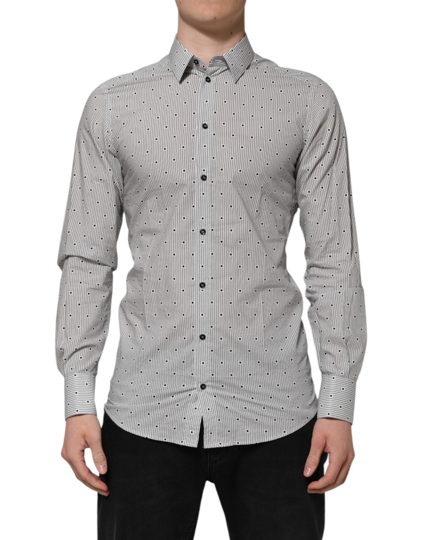 Dolce & Gabbana Gray Dotted Semi Fitted GOLD Men Formal Shirt Dolce & Gabbana