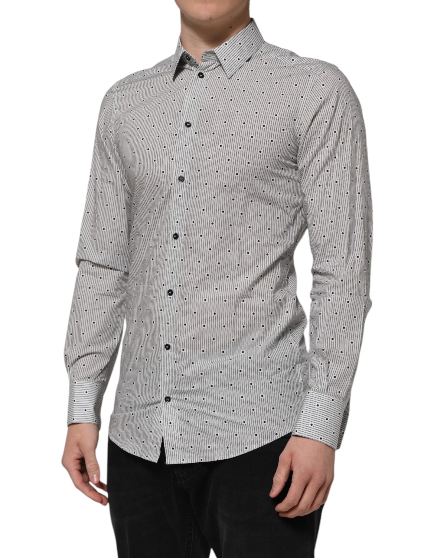Dolce & Gabbana Gray Dotted Semi Fitted GOLD Men Formal Shirt Dolce & Gabbana