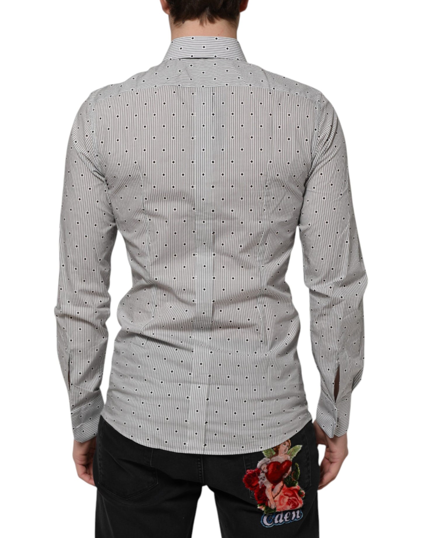 Dolce & Gabbana Gray Dotted Semi Fitted GOLD Men Formal Shirt Dolce & Gabbana
