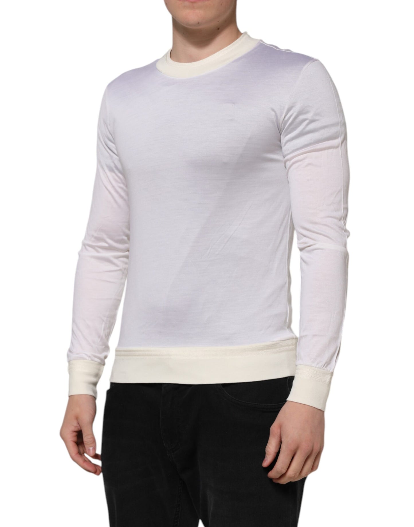 Dolce & Gabbana White Silk Crew Neck Long Sleeves T-shirt Dolce & Gabbana
