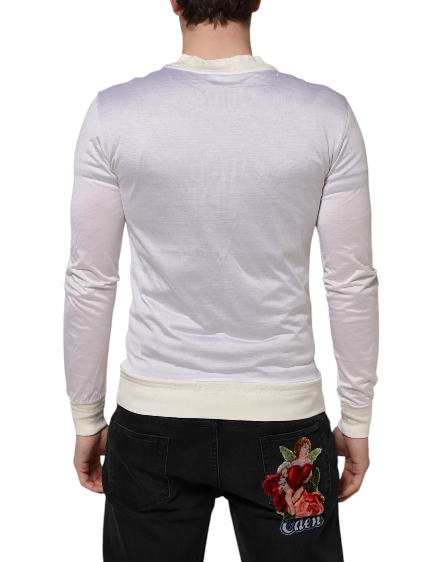 Dolce & Gabbana White Silk Crew Neck Long Sleeves T-shirt Dolce & Gabbana
