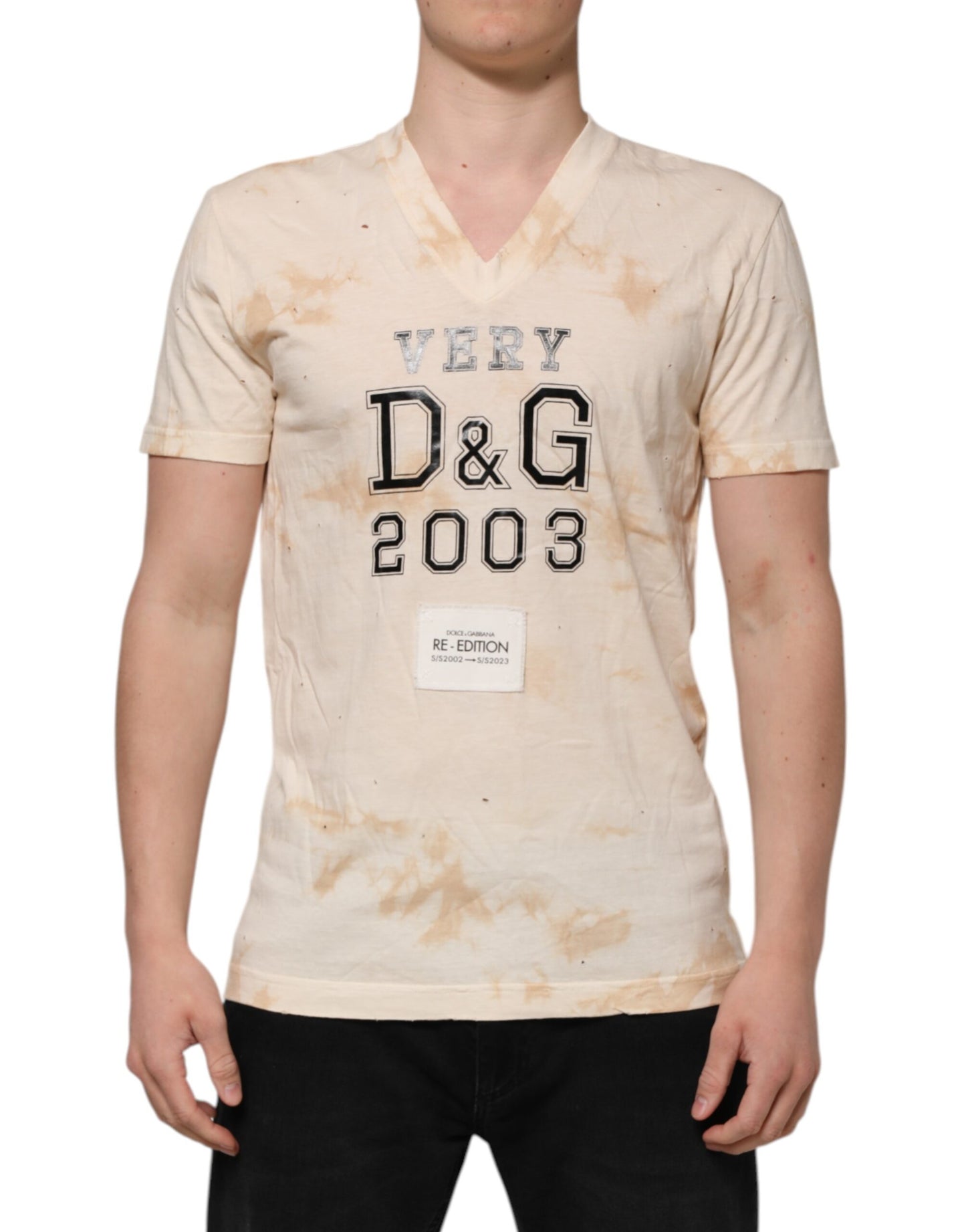 Dolce & Gabbana Beige Logo Print Short Sleeve V-neck T-shirt Dolce & Gabbana