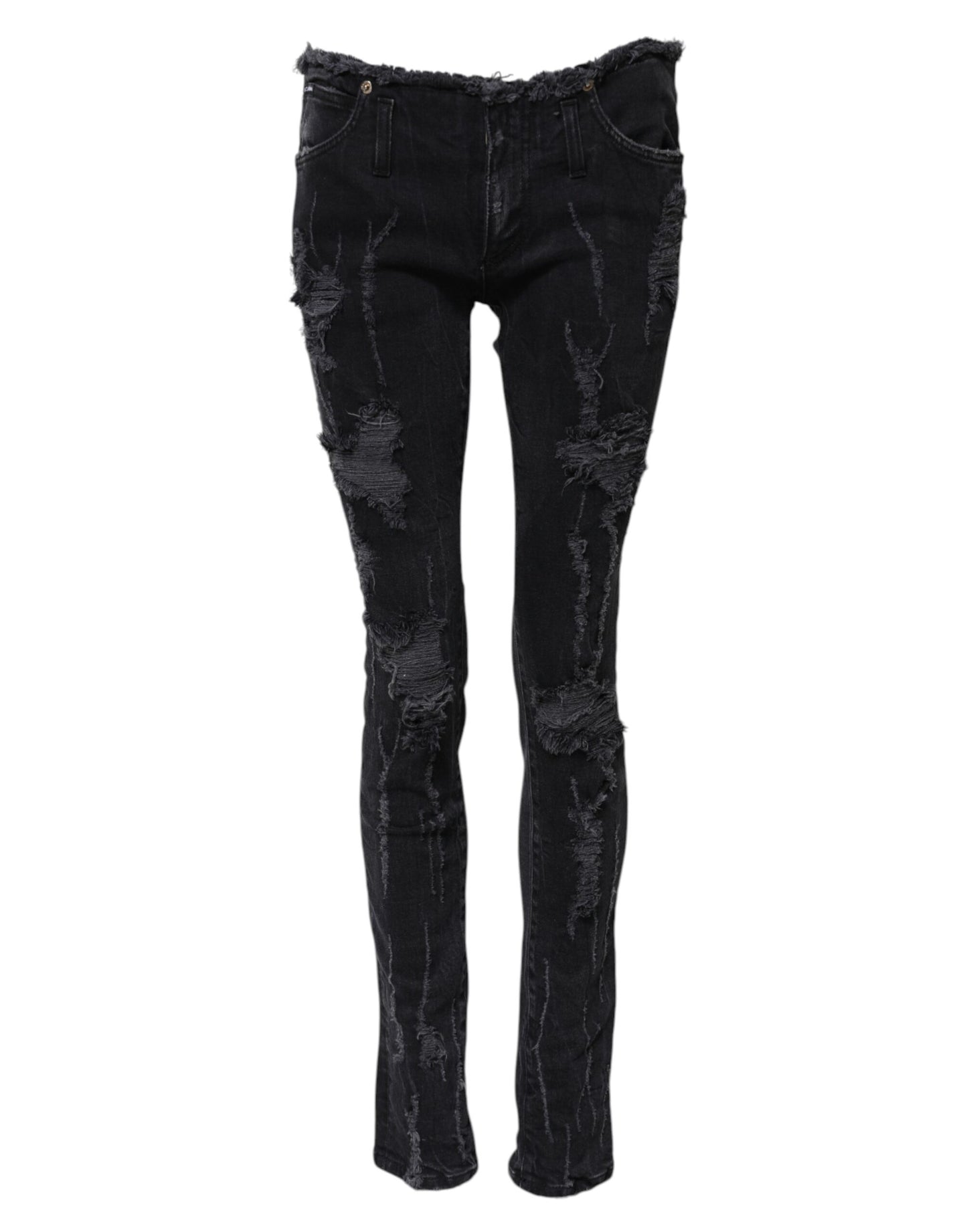 Dolce & Gabbana Black Cotton Tattered Skinny Denim Jeans Dolce & Gabbana