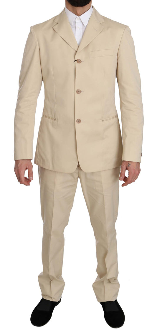 Romeo Gigli Two Piece 3 Button Beige Cotton Solid Suit Romeo Gigli