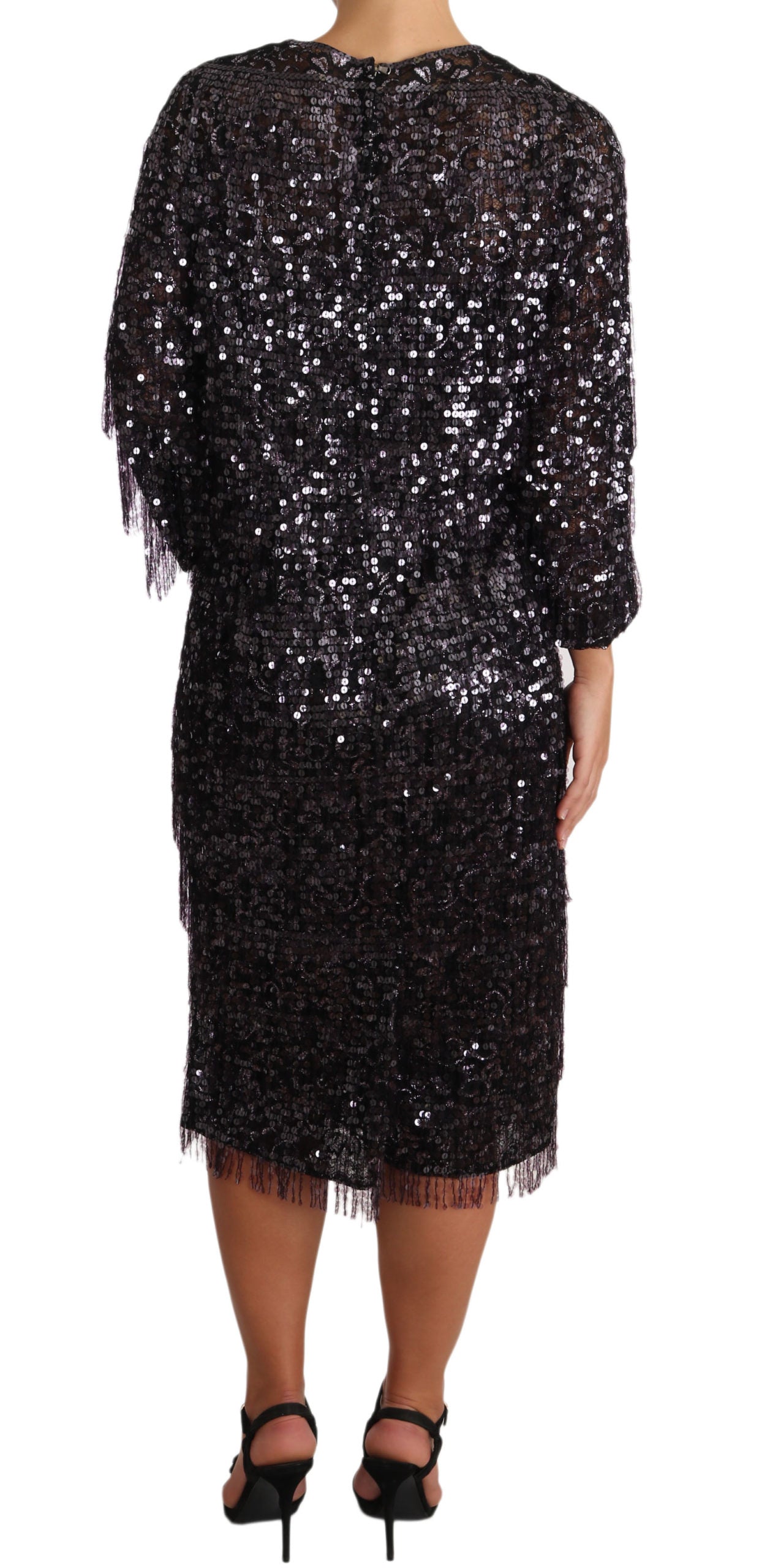 Dolce & Gabbana Black Sequined Long Sleeve Shift Midi Dress Dolce & Gabbana