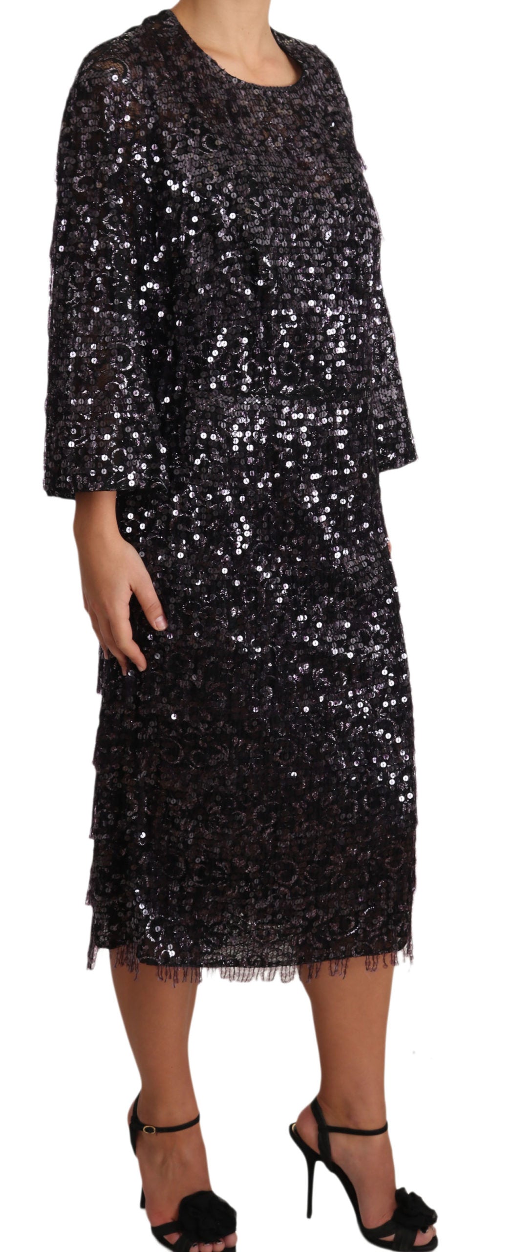 Dolce & Gabbana Black Sequined Long Sleeve Shift Midi Dress Dolce & Gabbana