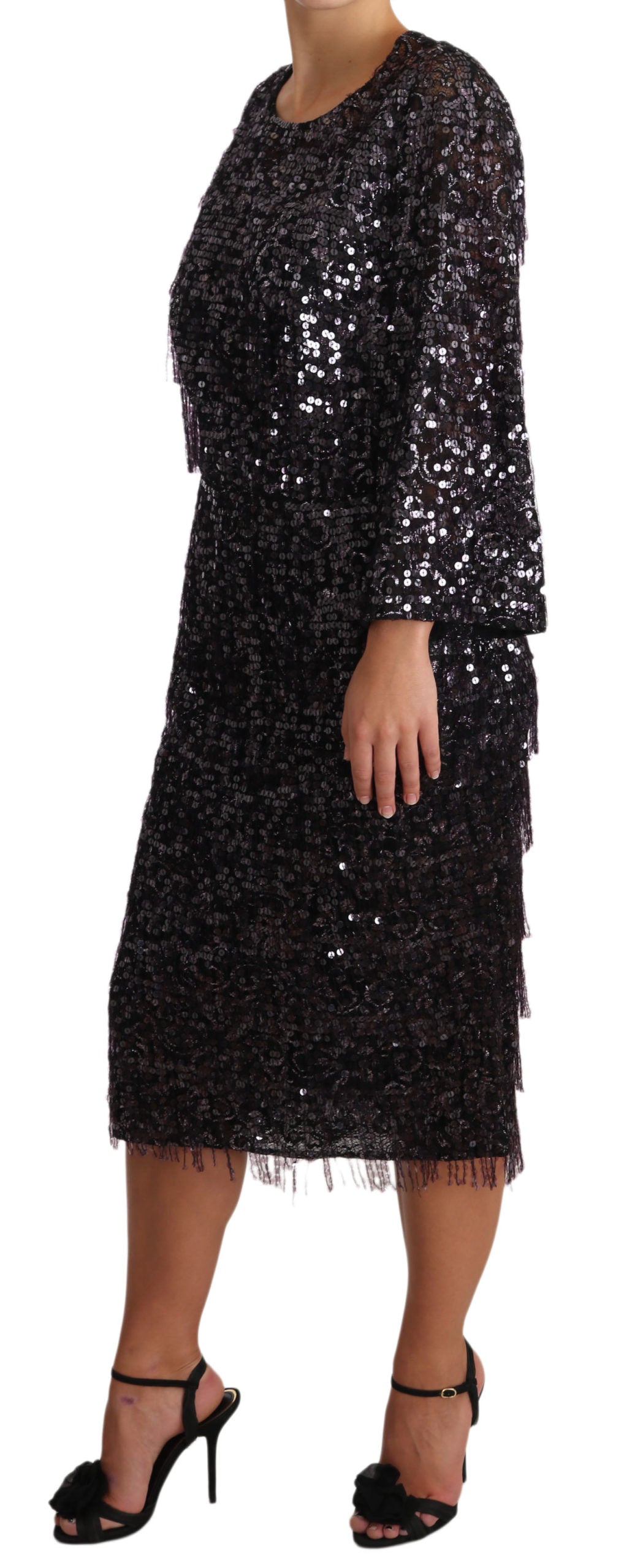 Dolce & Gabbana Black Sequined Long Sleeve Shift Midi Dress Dolce & Gabbana