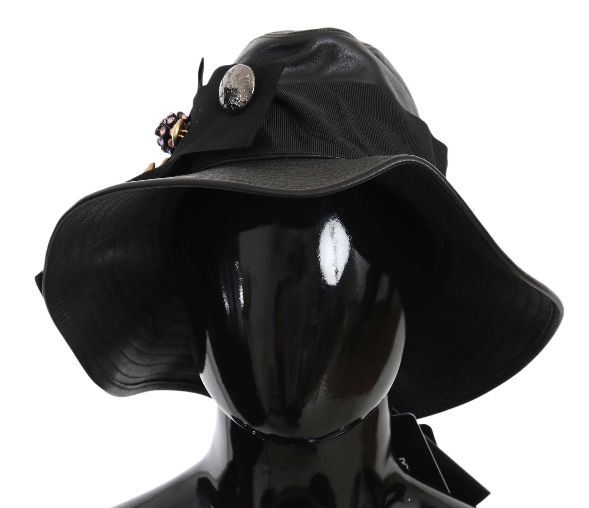 Dolce & Gabbana Black Leather DG Coin Crystal Wide Brim Hat Dolce & Gabbana