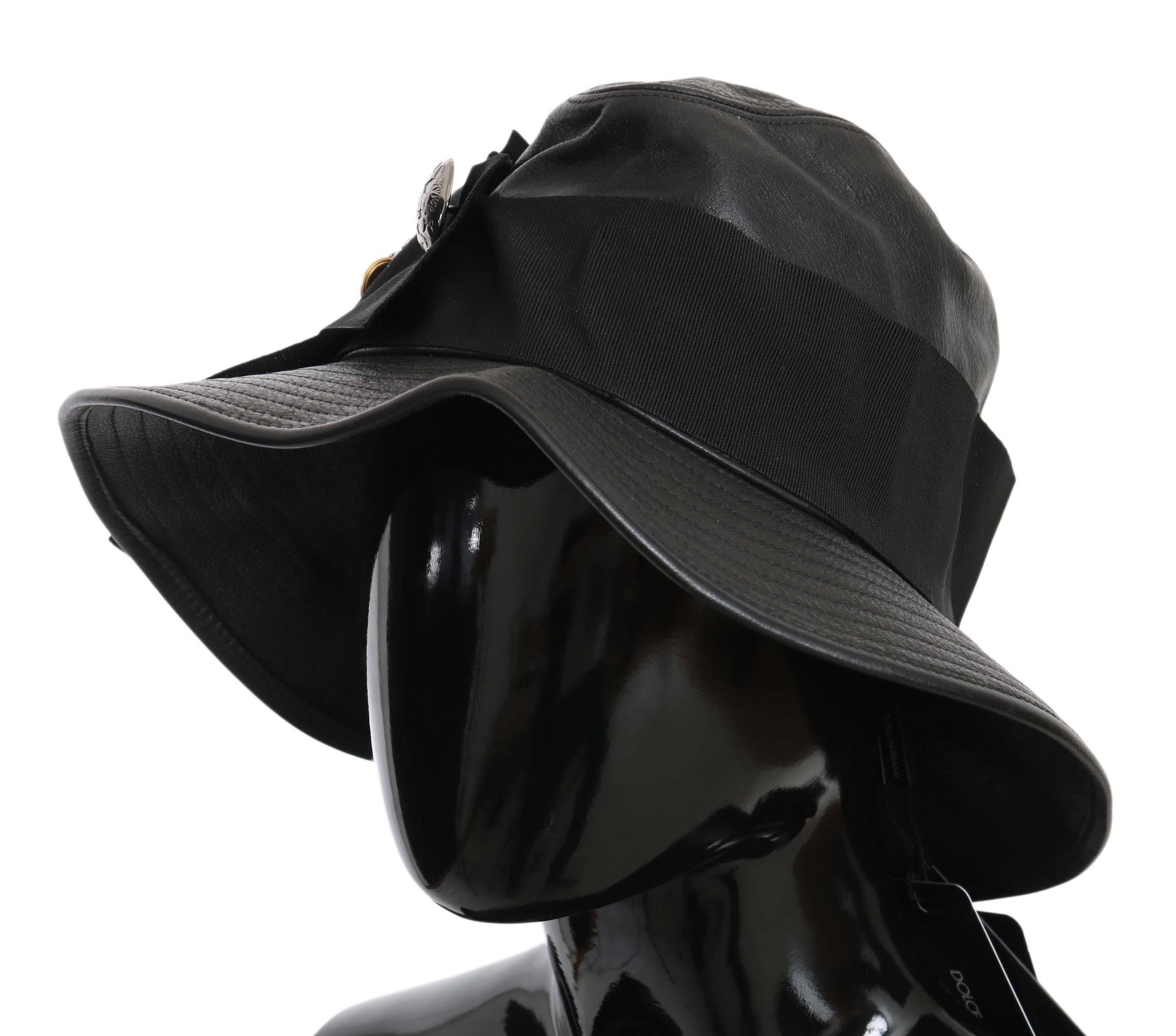 Dolce & Gabbana Black Leather DG Coin Crystal Wide Brim Hat Dolce & Gabbana