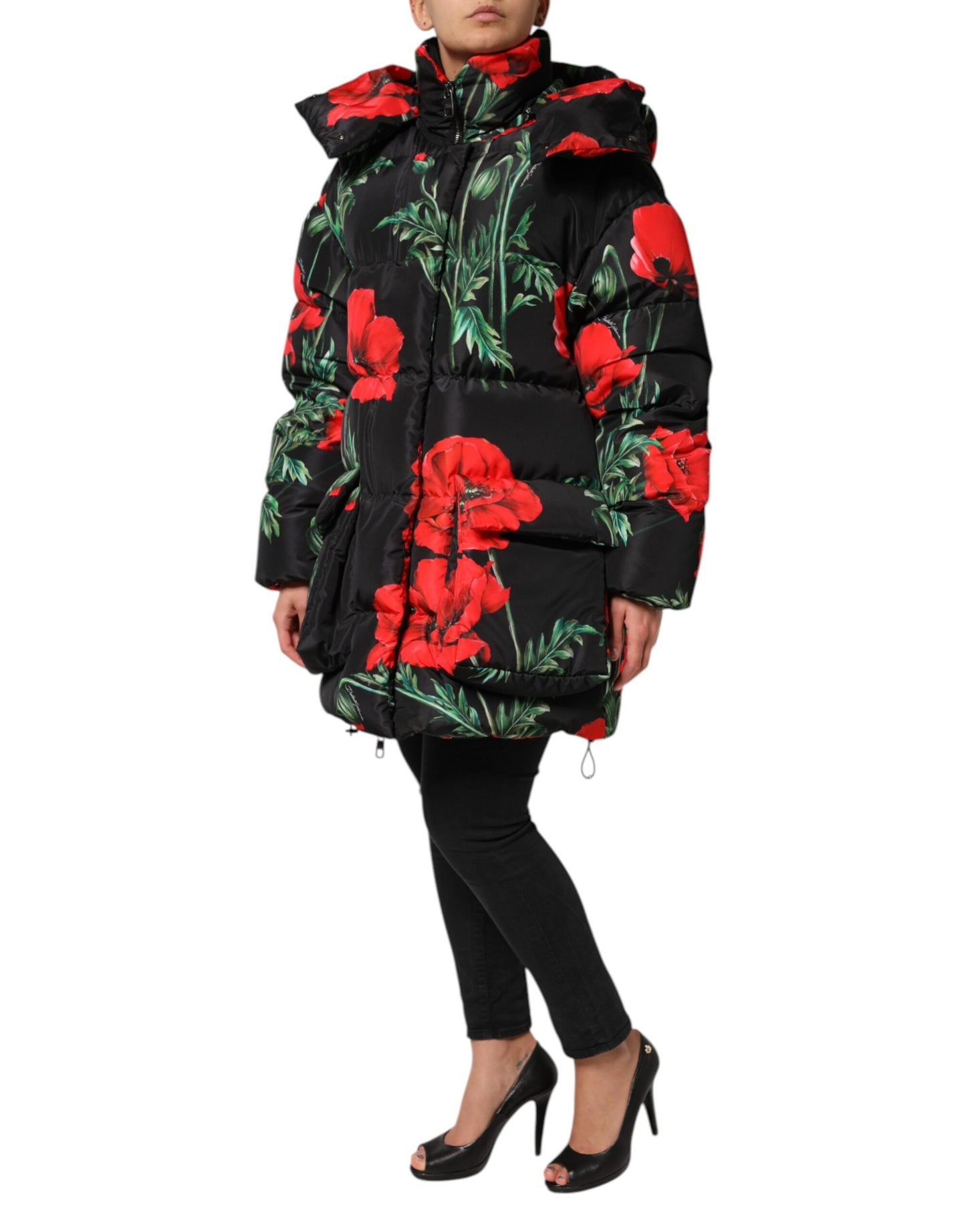 Dolce & Gabbana Black Floral Polyester Hooded Quilted Jacket Dolce & Gabbana