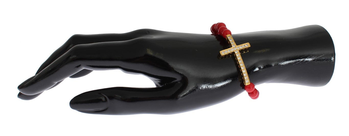 Nialaya Red Coral Gold CZ Cross 925 Silver Bracelet Nialaya