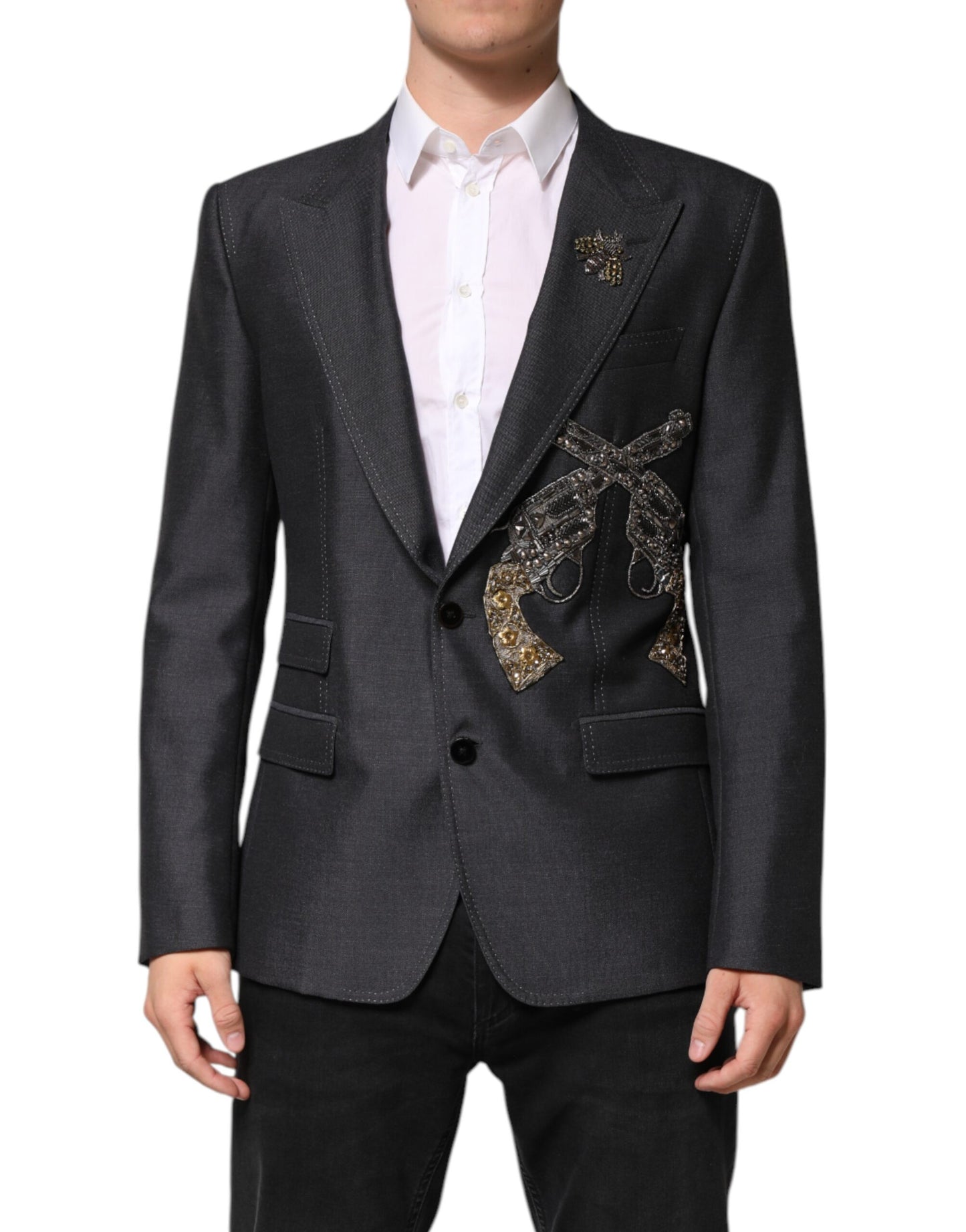 Dolce & Gabbana Dark Gray Bee Embroidery SICILIA Coat Blazer Dolce & Gabbana