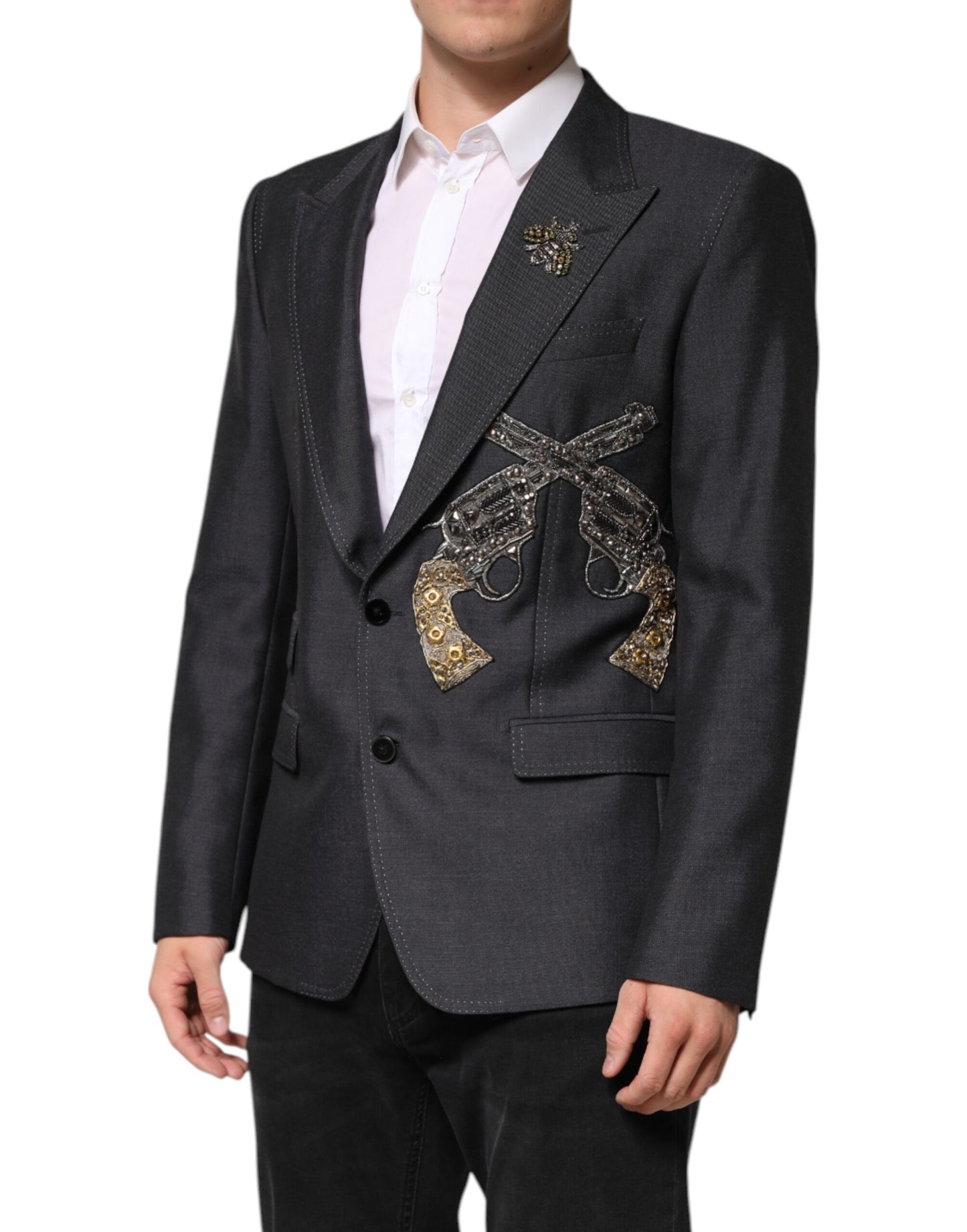 Dolce & Gabbana Dark Gray Bee Embroidery SICILIA Coat Blazer Dolce & Gabbana