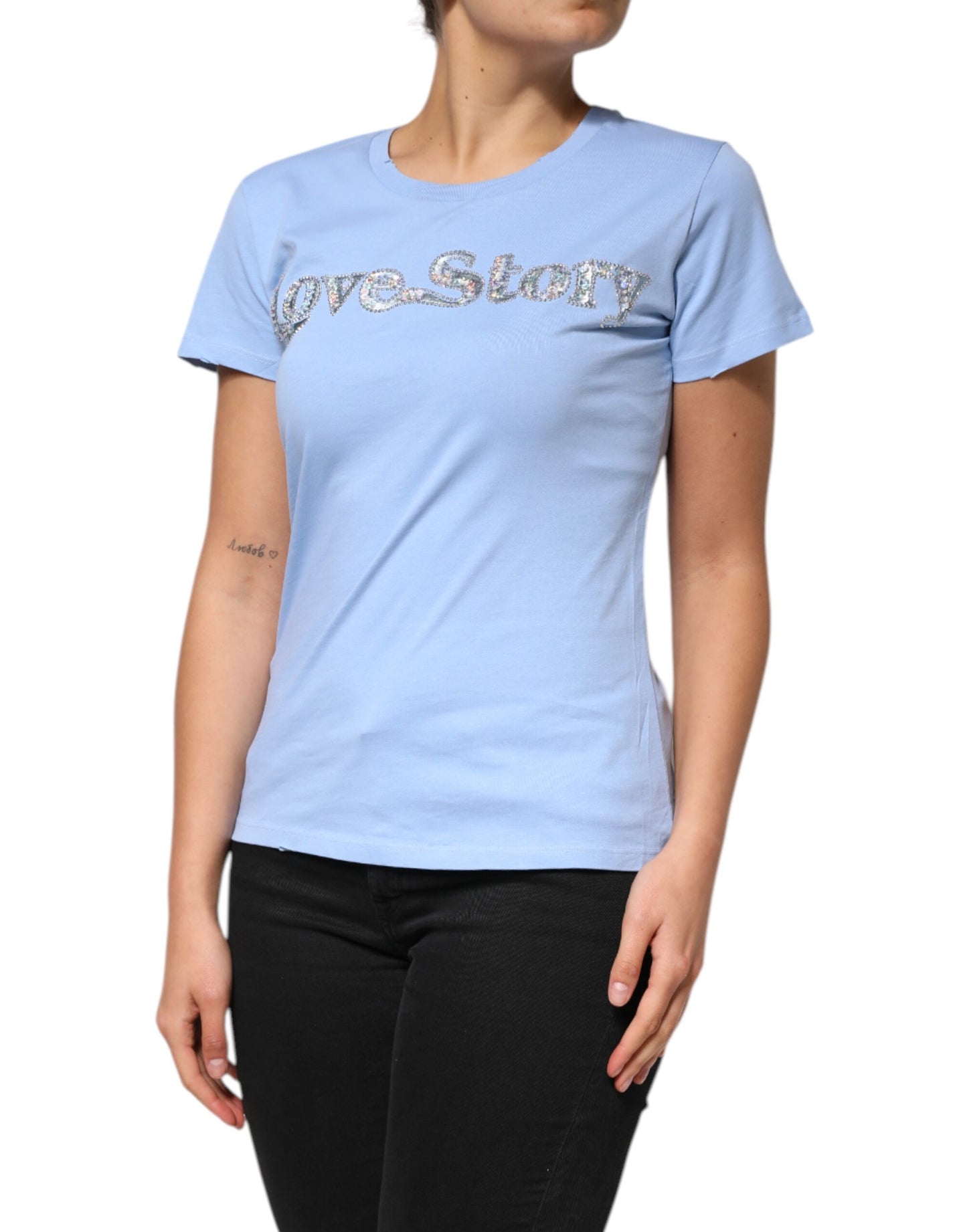 PINKO Blue Love Story Sequined Embellished Short Sleeves T-shirt PINKO