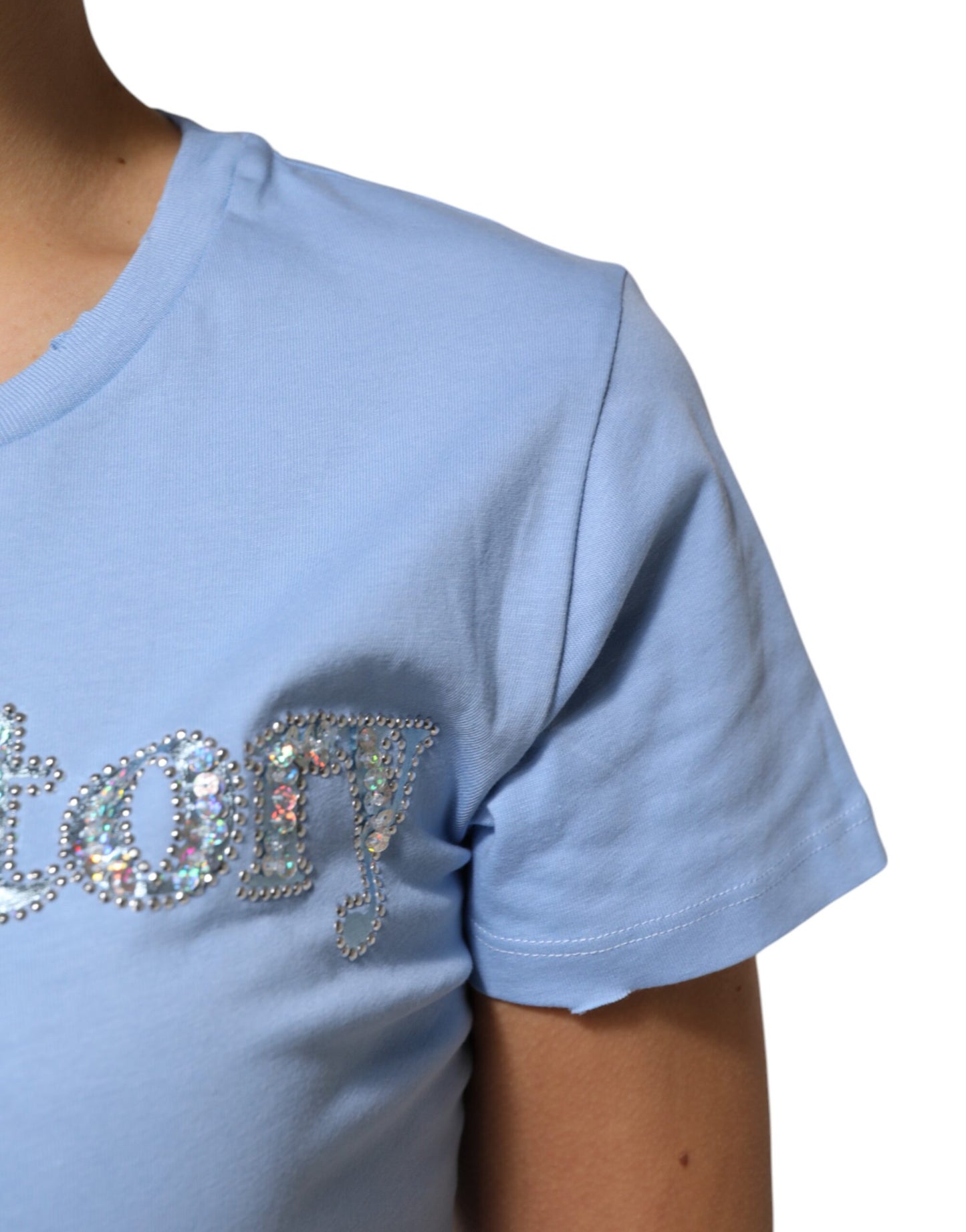 PINKO Blue Love Story Sequined Embellished Short Sleeves T-shirt PINKO