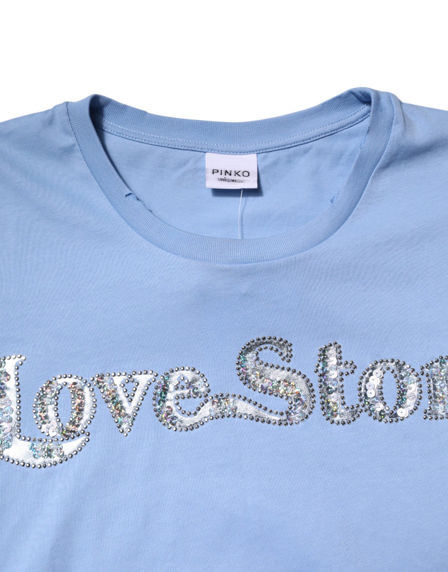 PINKO Blue Love Story Sequined Embellished Short Sleeves T-shirt PINKO