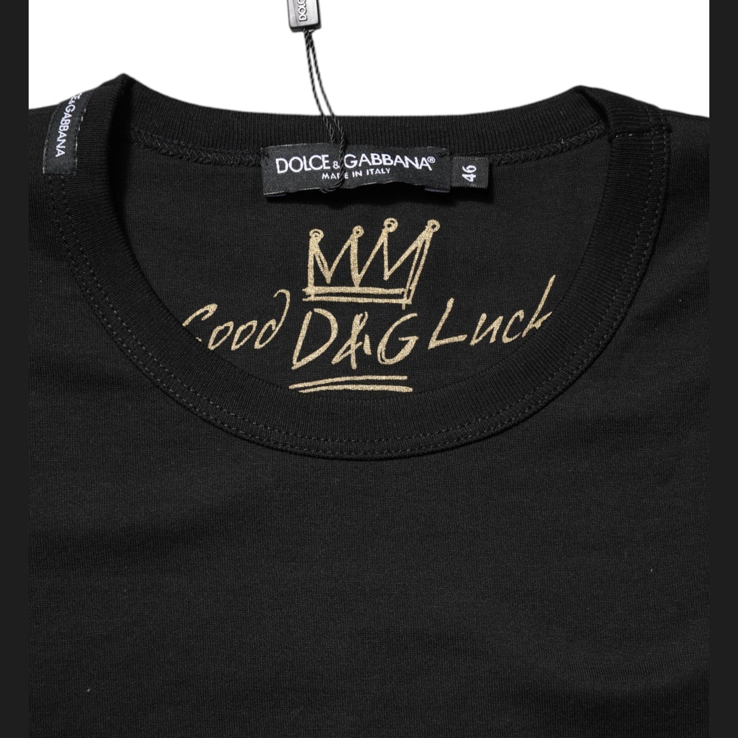 Dolce & Gabbana Black Cotton Goodluck Tee Crew Neck T-shirt