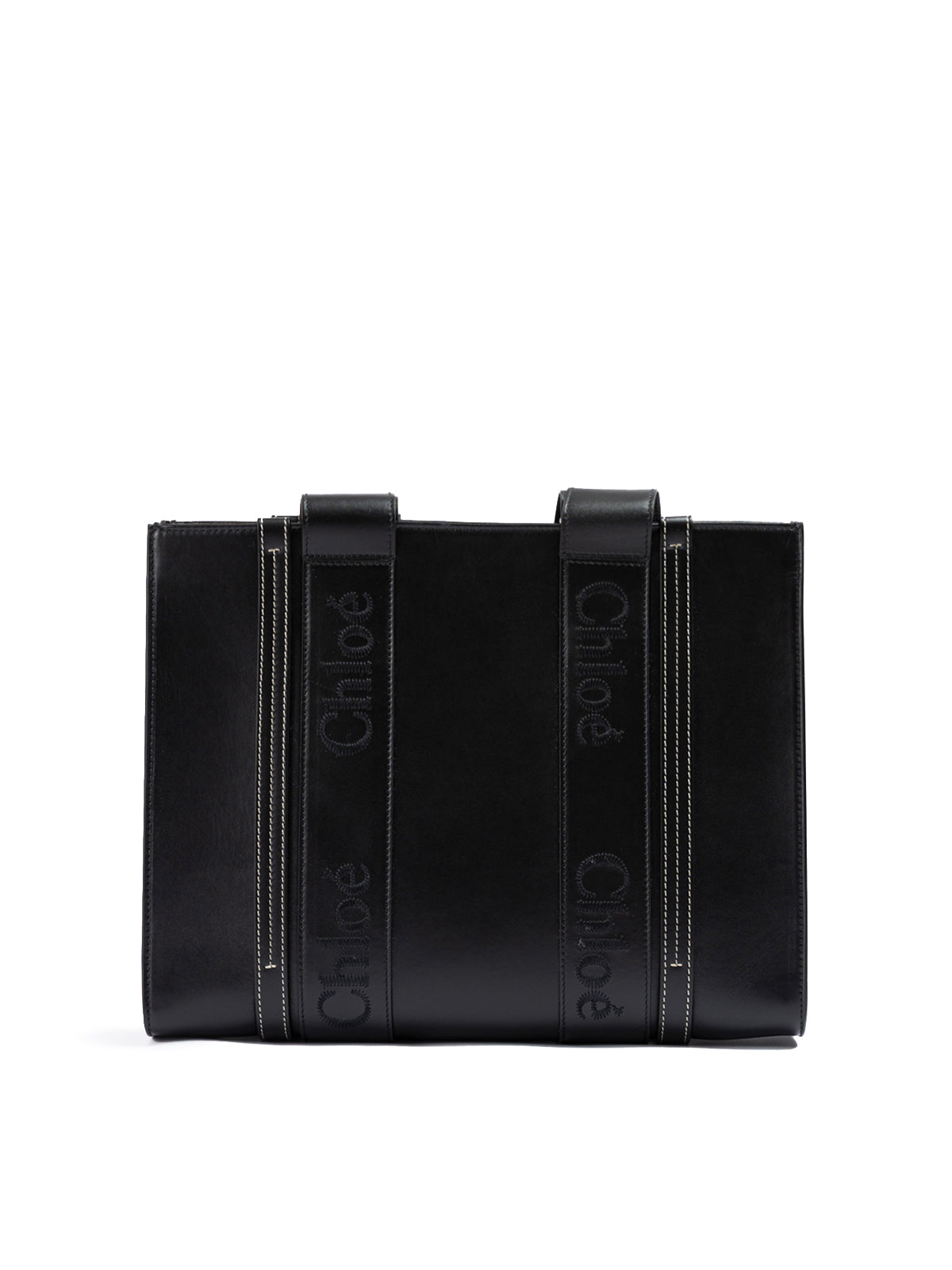 Chloé Black Woody Embroidered Logo Leather Medium Tote Bag Chloé