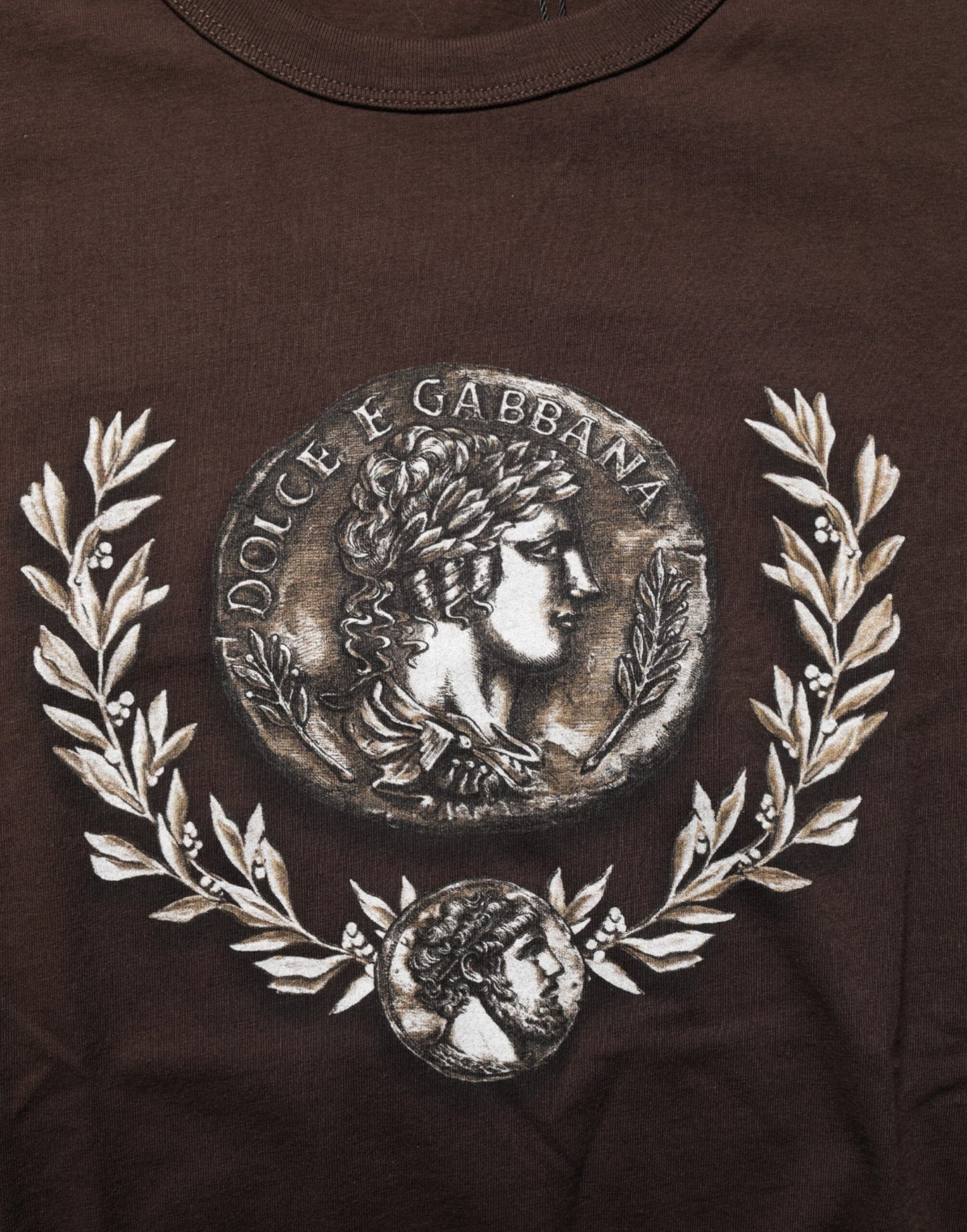 Dolce & Gabbana Brown Coin Laurel Print Men Crew Neck T-shirt Dolce & Gabbana
