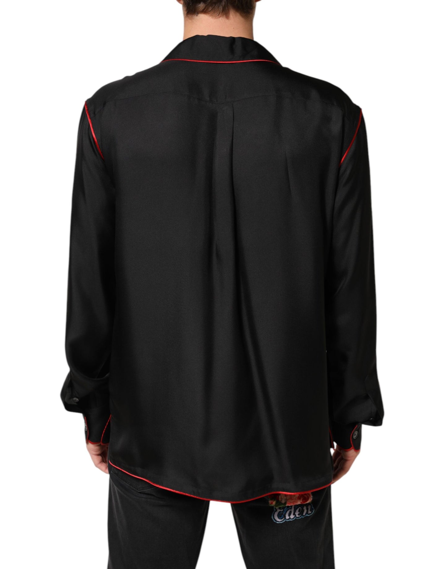 Dolce & Gabbana Black Red Contrast Trim Silk Casual Shirt Dolce & Gabbana
