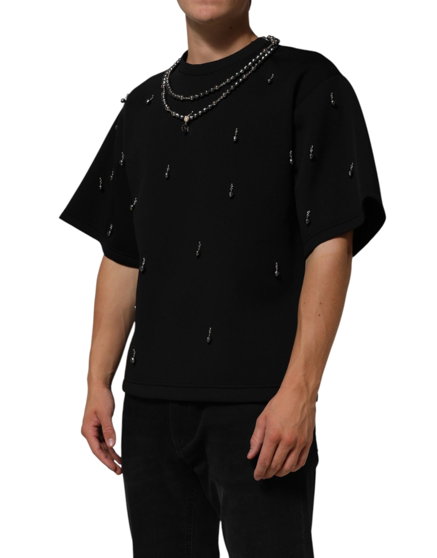 Dolce & Gabbana Black Polyester Necklace Embellished T-shirt Dolce & Gabbana