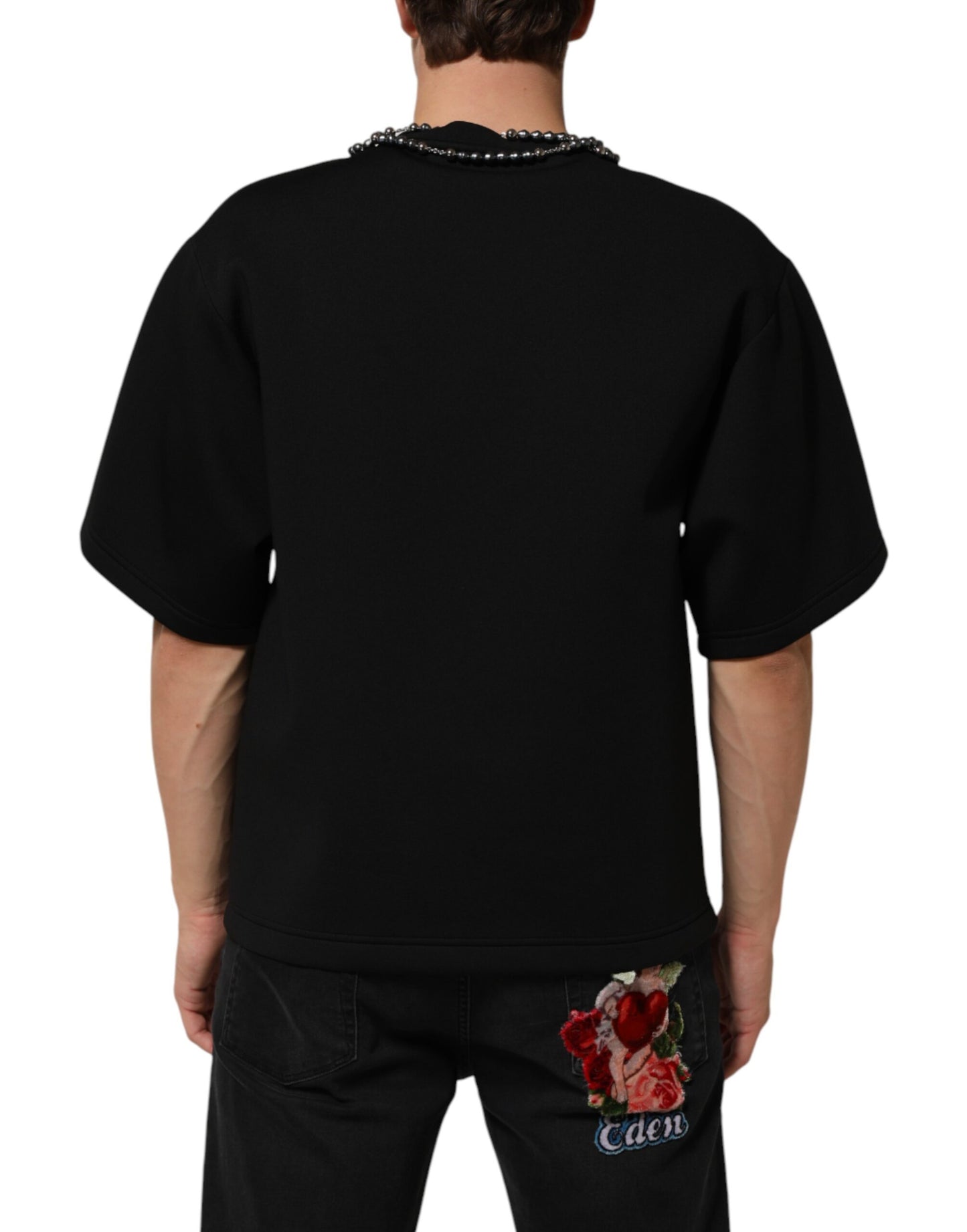 Dolce & Gabbana Black Polyester Necklace Embellished T-shirt Dolce & Gabbana
