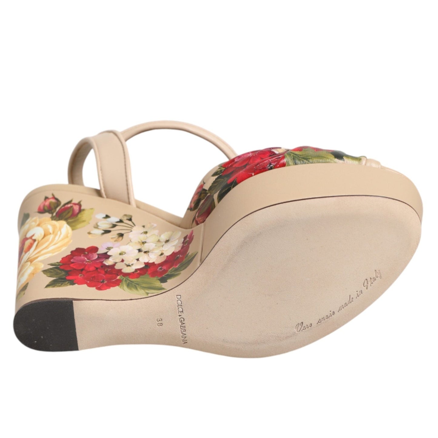 Dolce & Gabbana Beige Floral Ankle Strap Wedge Sandals Shoes