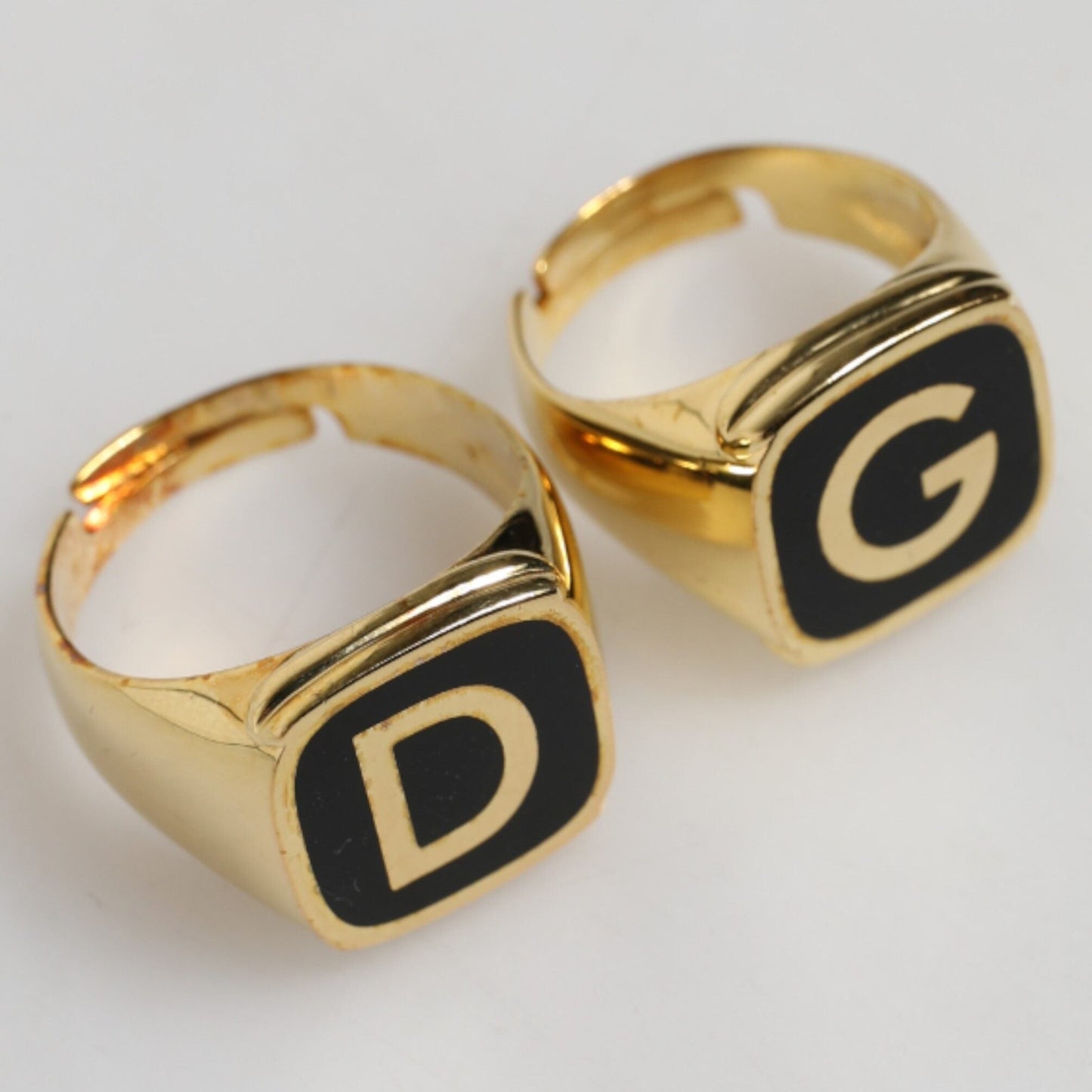 Dolce & Gabbana Gold-Tone Real Brass Black Enamel "DG" Adjustable Rings