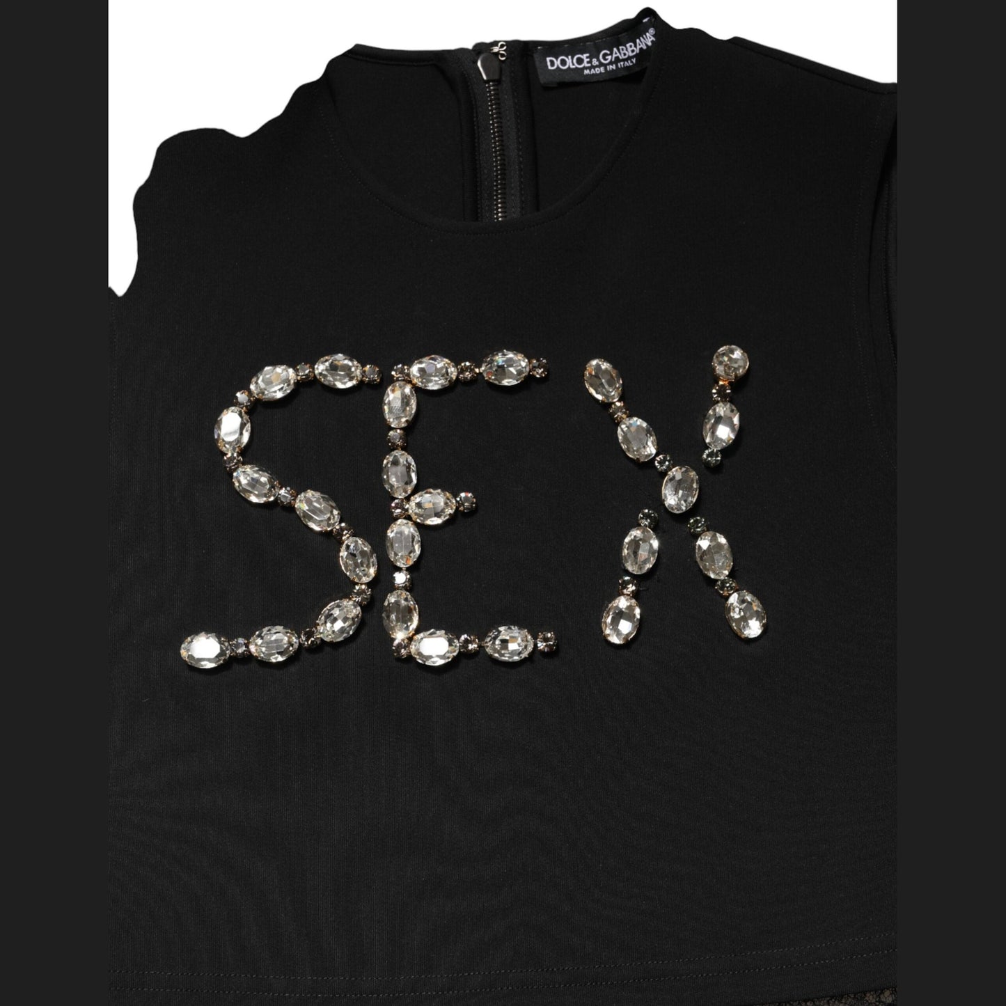Dolce & Gabbana Black Jersey Lace Ruching Rhinestone Tank Top