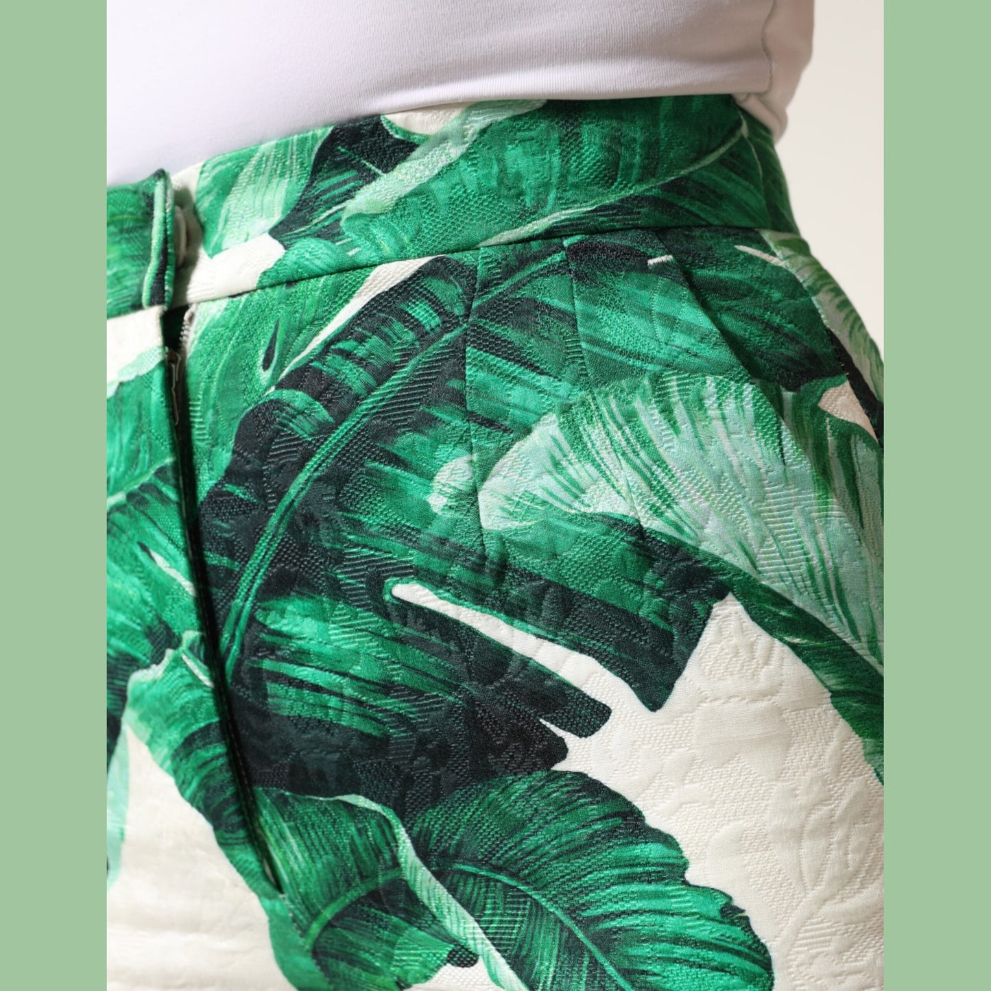 Dolce & Gabbana White Green Leaf High Waist Trousers Pants Dolce & Gabbana