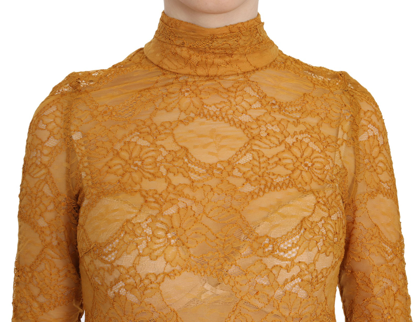 Mangano Mustard Turtle Neck Long Sleeve Lace Top Blouse Mangano