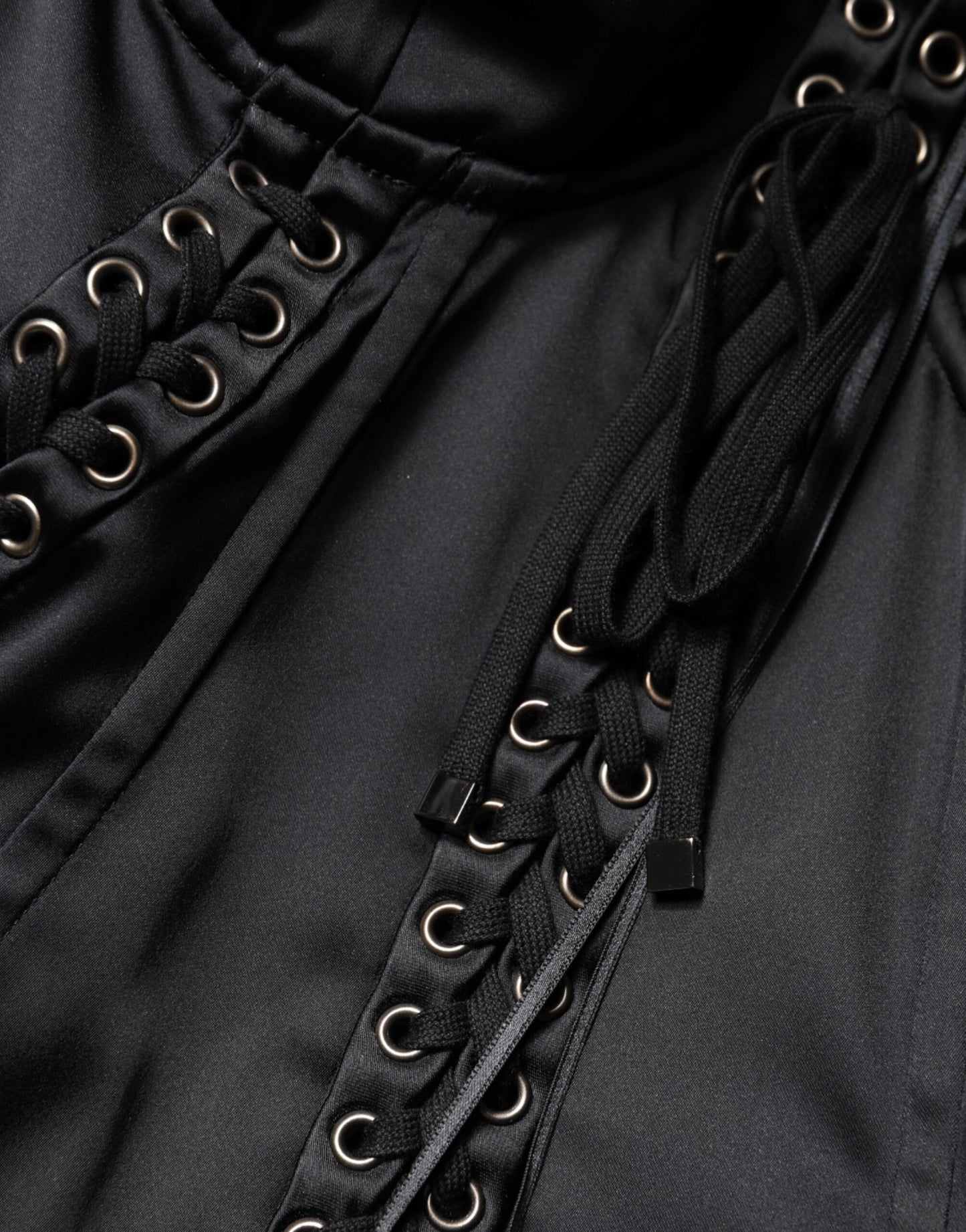 Dolce & Gabbana Black Satin Acetate Lace Eyelets Mini Dress Dolce & Gabbana