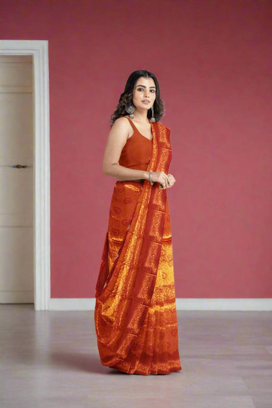 Sawari Pattu Silk Designer Wedding Wear Saree Orange Red Eljoys Fashion