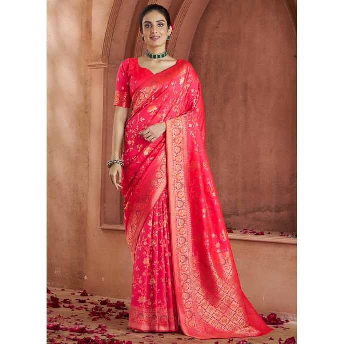 Banarasi Silk-Festival Wear Saree - Pinkish Red with Blouse and Skirt - Eljoys Fashion