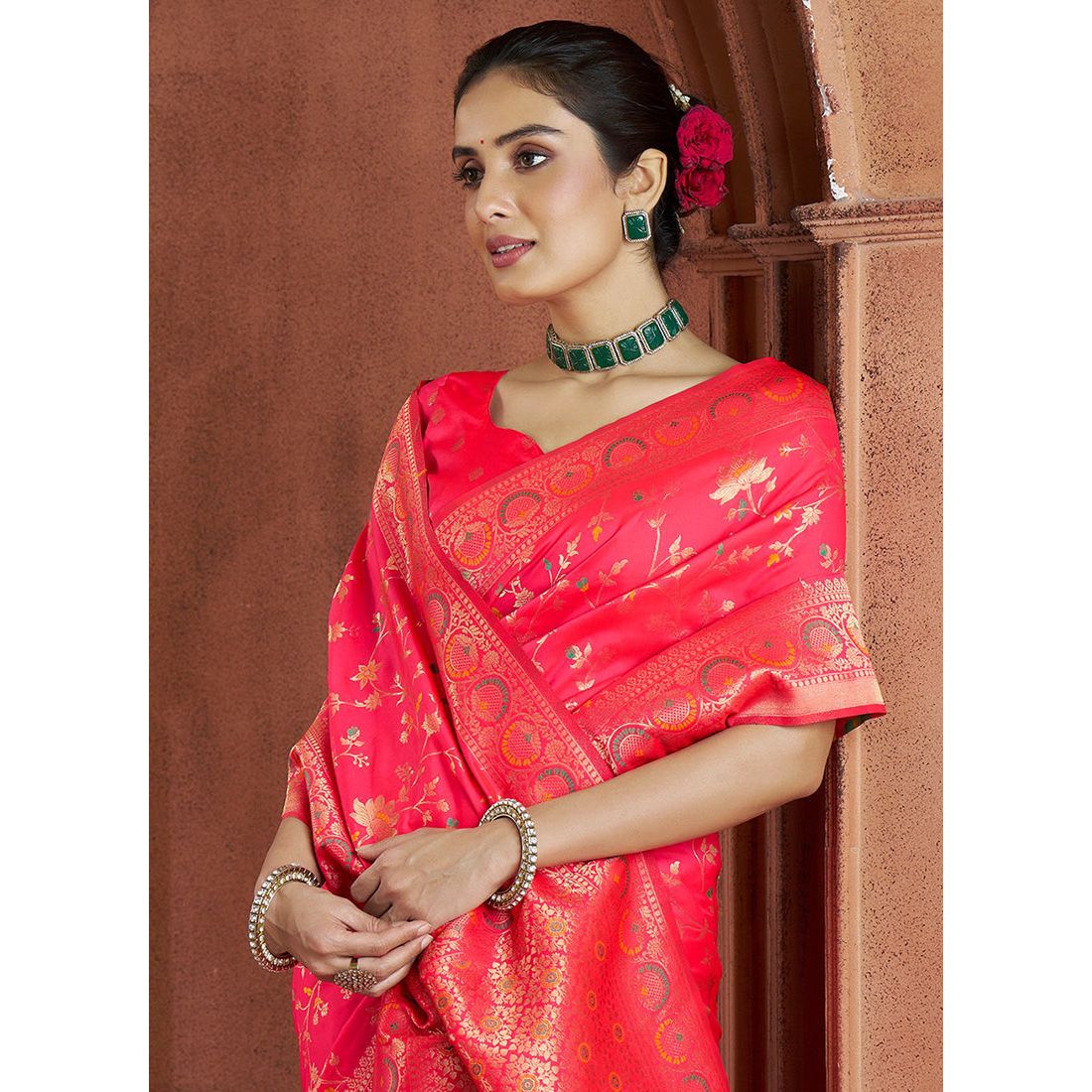 Banarasi Silk-Festival Wear Saree - Pinkish Red with Blouse and Skirt - Eljoys Fashion