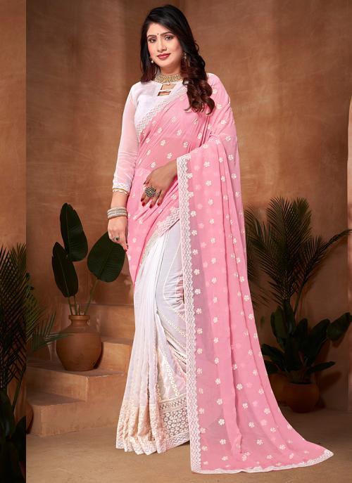 Georgette Festival Wear Embroidery Work Saree   Pink - Eljoys Fashion