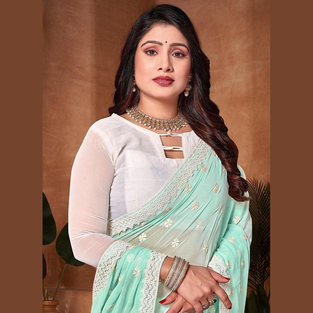 Chiffon Embroidery Work Saree- pistachio green - Ready to Wear 1131