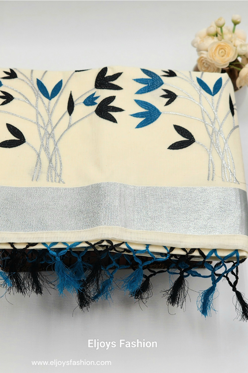Tissue Silk Saree featuring Silver, Blue and Black floral design with Silver border.