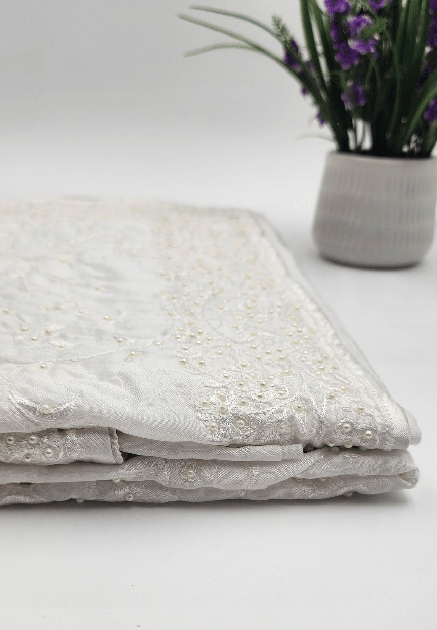 Satin white Saree with bead works - Eljoys Fashion